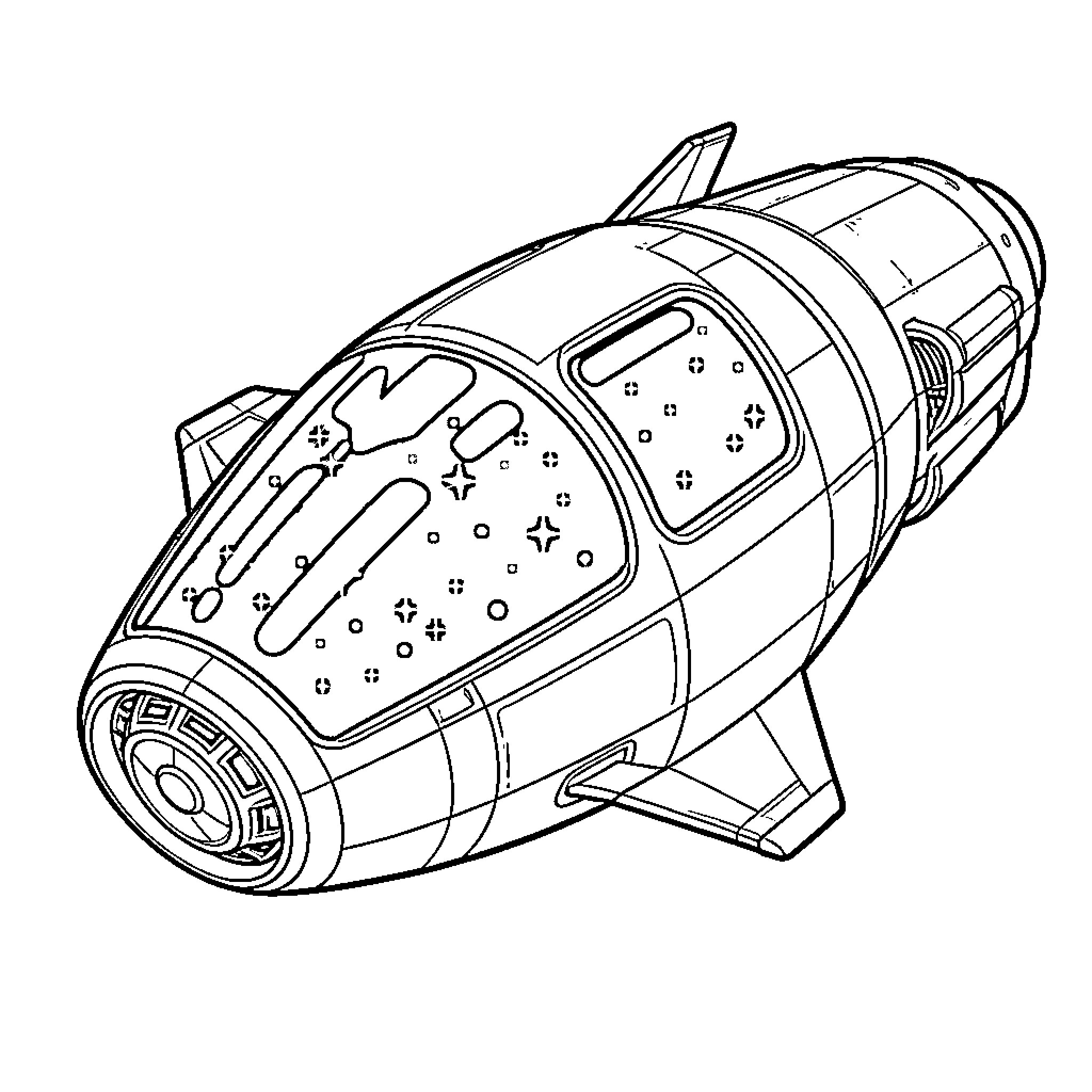 Spaceship with experimental design in sci-fi setting Coloring Page (free black-and-white line drawing printable PDF for all, from beginners to advanced learners, including children, teens, adults, and seniors)