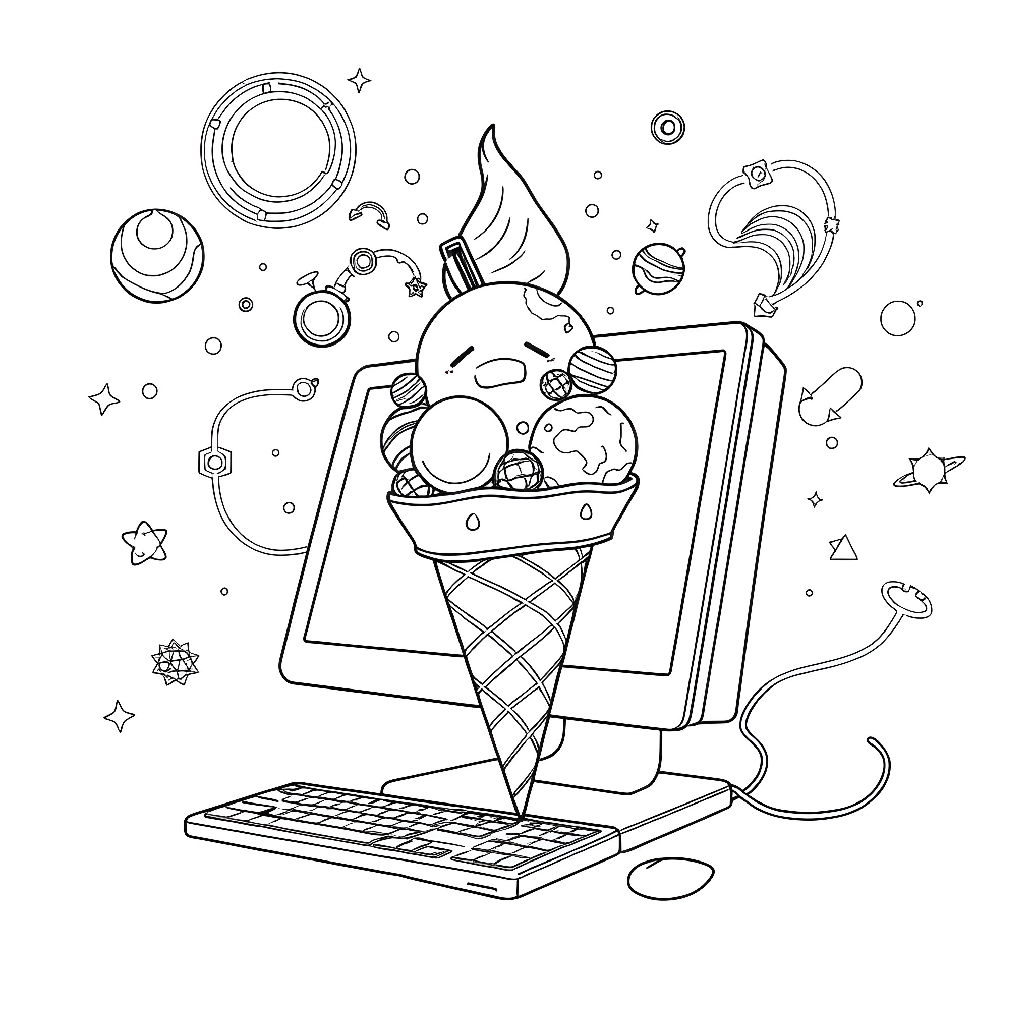 Computer Ice Cream Sundae with Whimsical Doodles Coloring Page (free black-and-white line drawing printable PDF for all, from beginners to advanced learners, including children, teens, adults, and seniors)