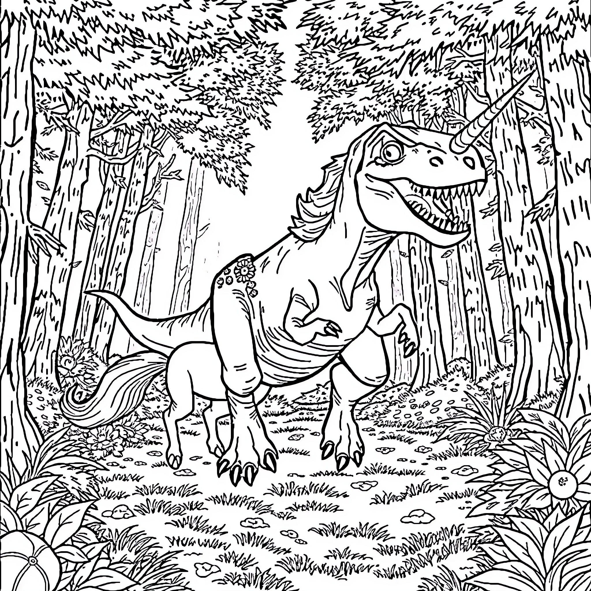 T-Rex Exploring the Lush Forest Landscape Coloring Page (free black-and-white line drawing printable PDF for all, from beginners to advanced learners, including children, teens, adults, and seniors)