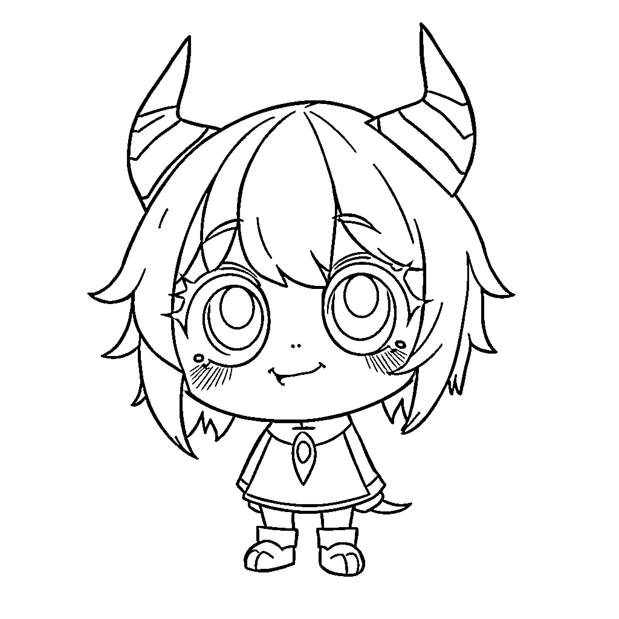 Derpy Anime-style Chibi Figure with Horns Coloring Page (free black-and-white line drawing printable PDF for all, from beginners to advanced learners, including children, teens, adults, and seniors)