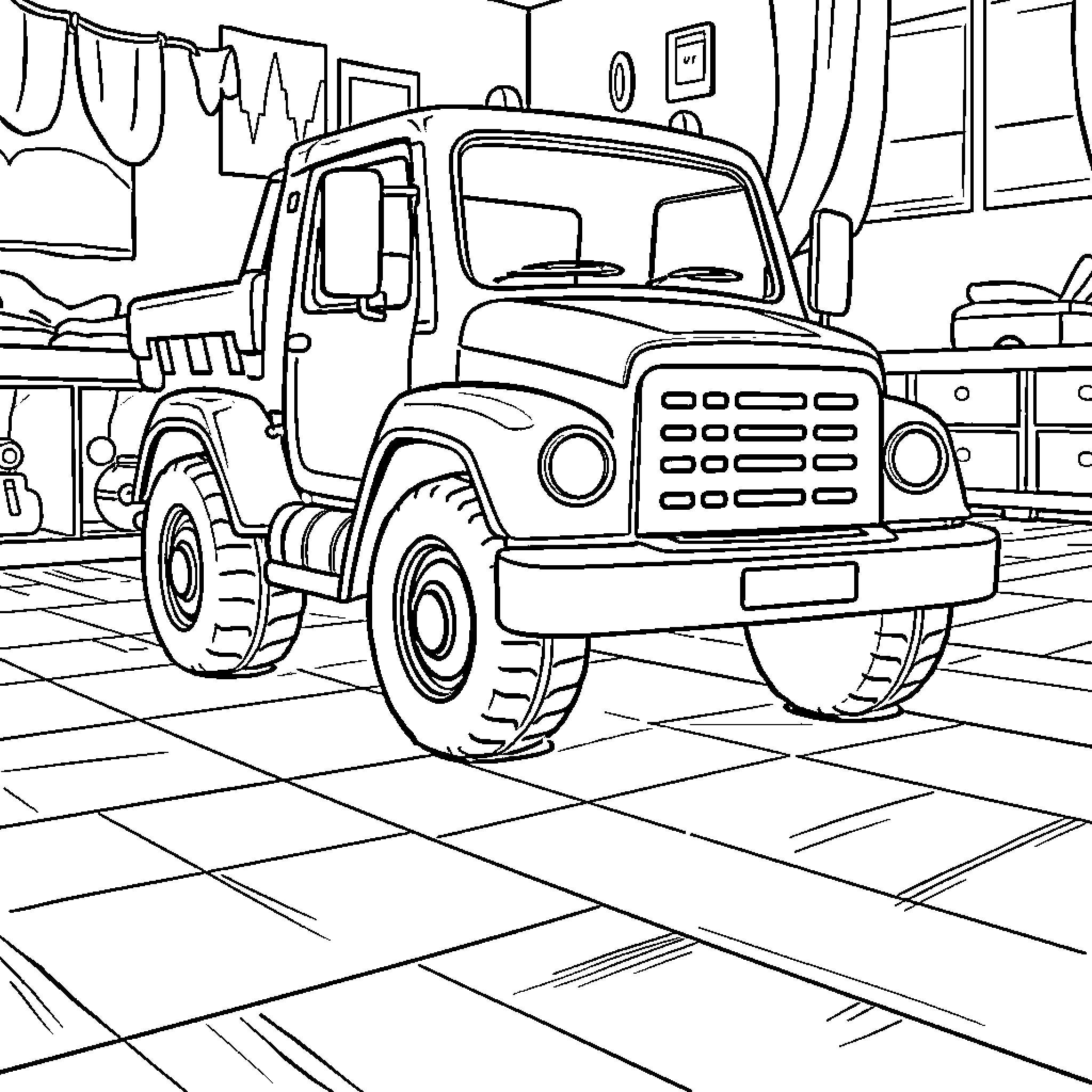 Truck parked in a room with interior decor Coloring Page (free black-and-white line drawing printable PDF for all, from beginners to advanced learners, including children, teens, adults, and seniors)