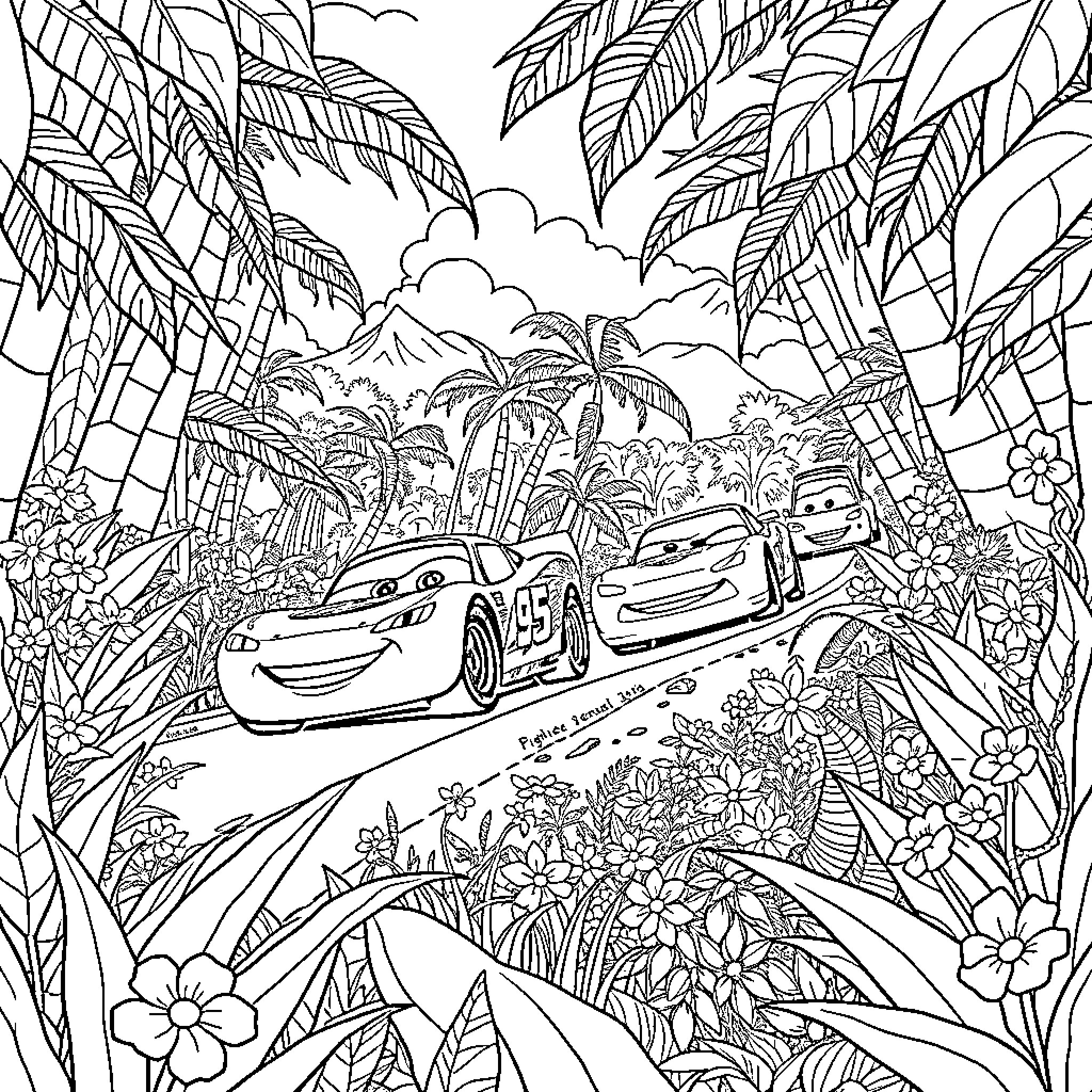 Car driving through tropical landscape Coloring Page (free black-and-white line drawing printable PDF for all, from beginners to advanced learners, including children, teens, adults, and seniors)
