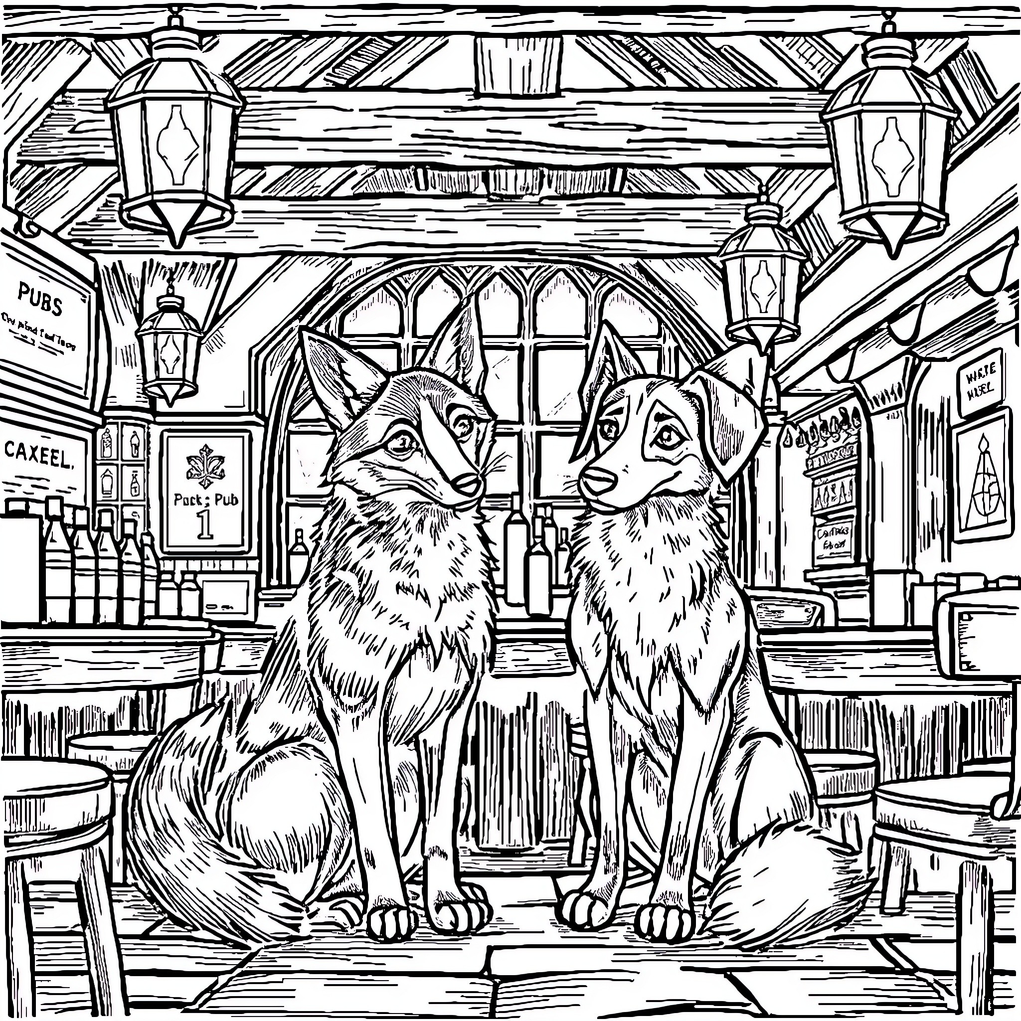 Fox friends enjoy a cozy evening at the pub Coloring Page (free black-and-white line drawing printable PDF for all, from beginners to advanced learners, including children, teens, adults, and seniors)