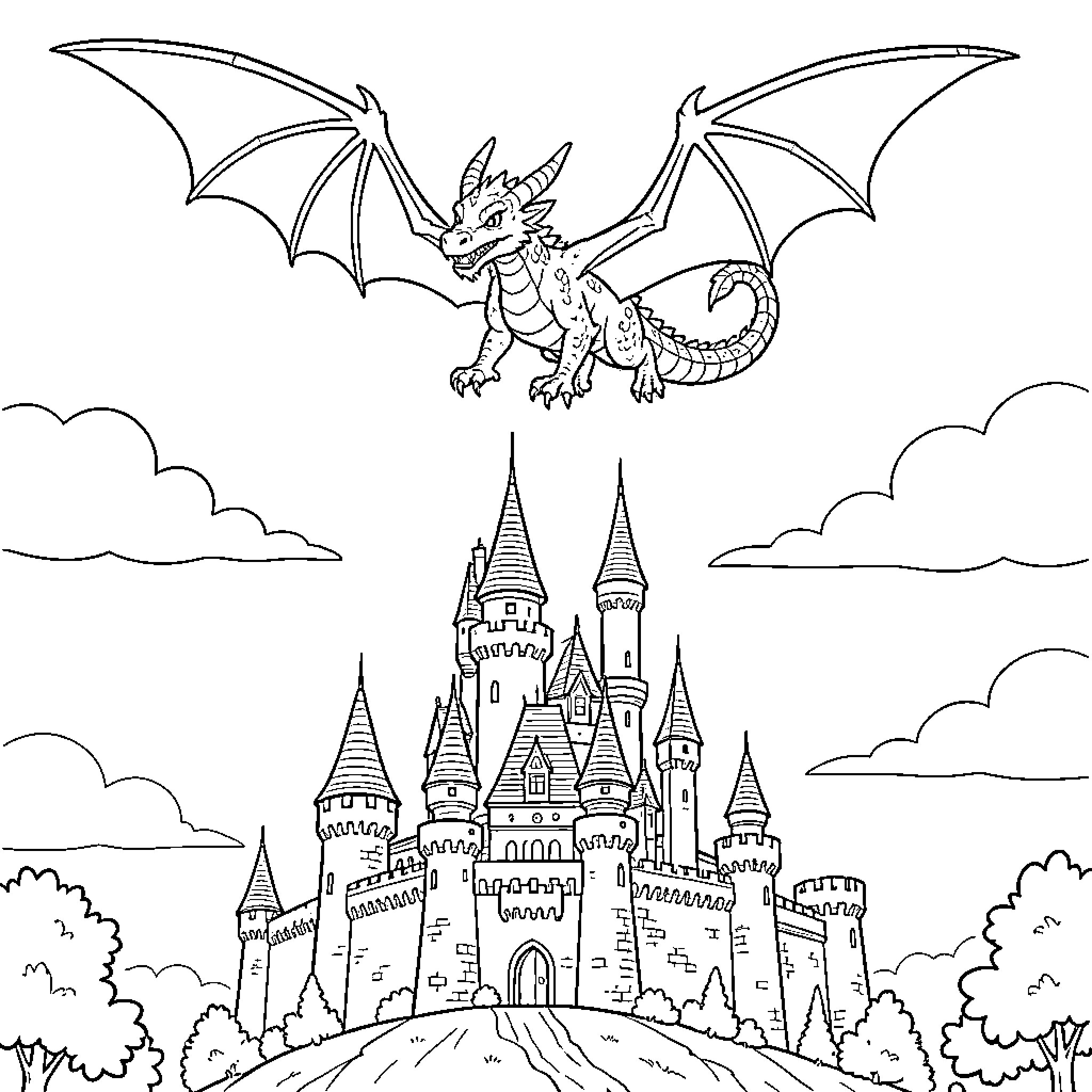 Dragon flying majestically above a fairytale castle Coloring Page (free black-and-white line drawing printable PDF for all, from beginners to advanced learners, including children, teens, adults, and seniors)