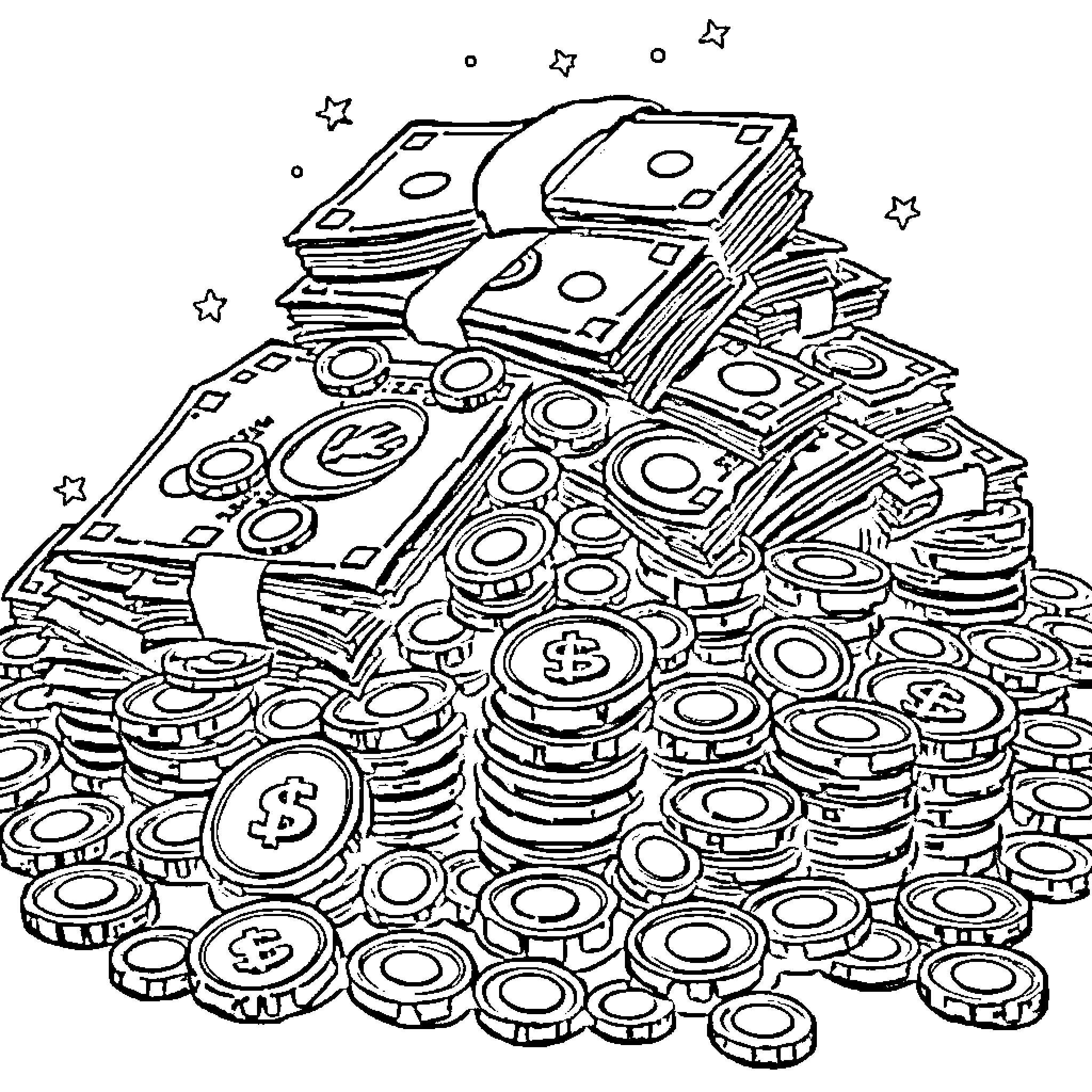 Money piling up amidst a starry night Coloring Page (free black-and-white line drawing printable PDF for all, from beginners to advanced learners, including children, teens, adults, and seniors)