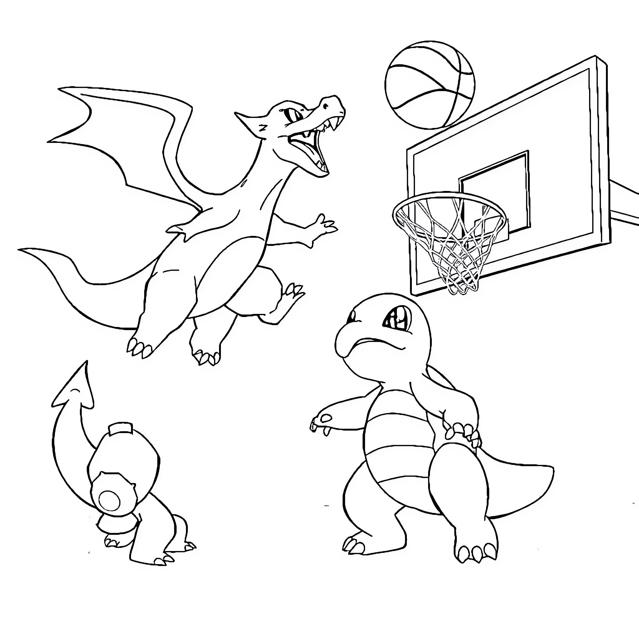 Charizard and Squirtle engaged in basketball game Coloring Page (free black-and-white line drawing printable PDF for all, from beginners to advanced learners, including children, teens, adults, and seniors)