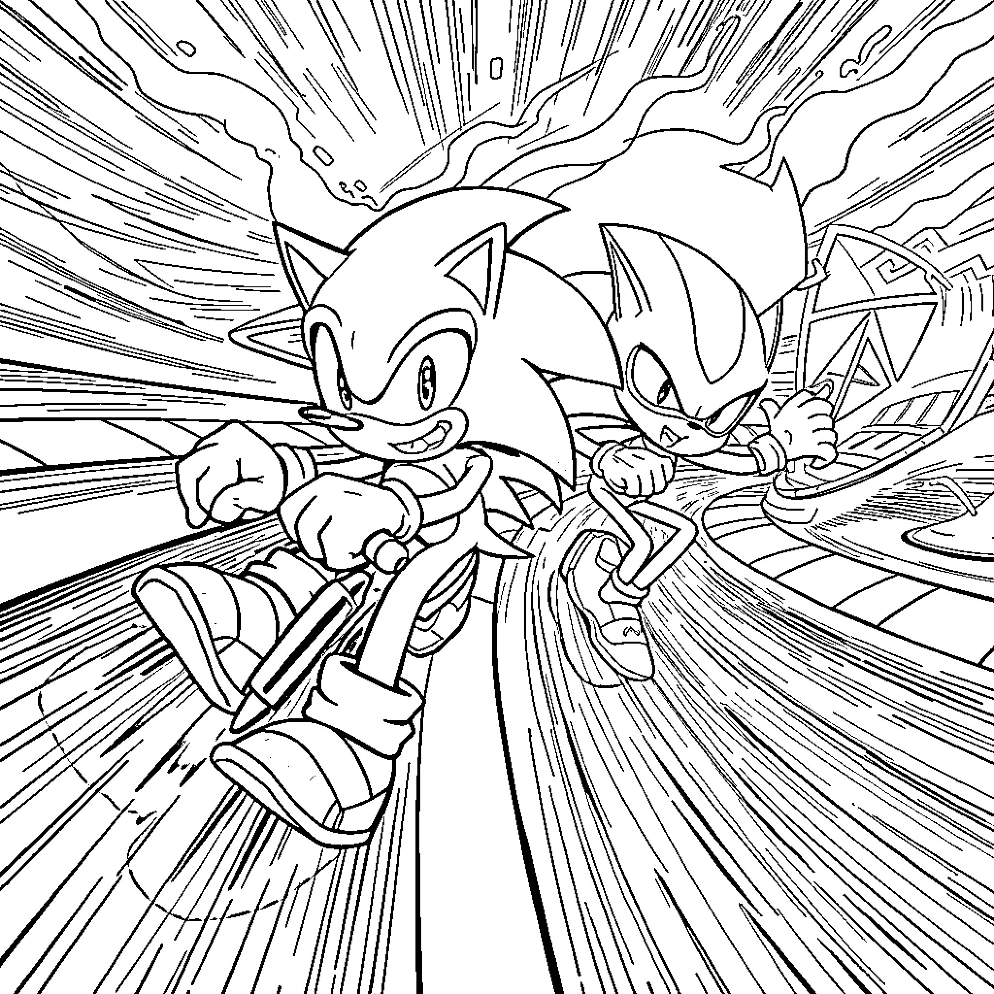 Sonic characters racing in a high-speed adventure Coloring Page (free black-and-white line drawing printable PDF for all, from beginners to advanced learners, including children, teens, adults, and seniors)