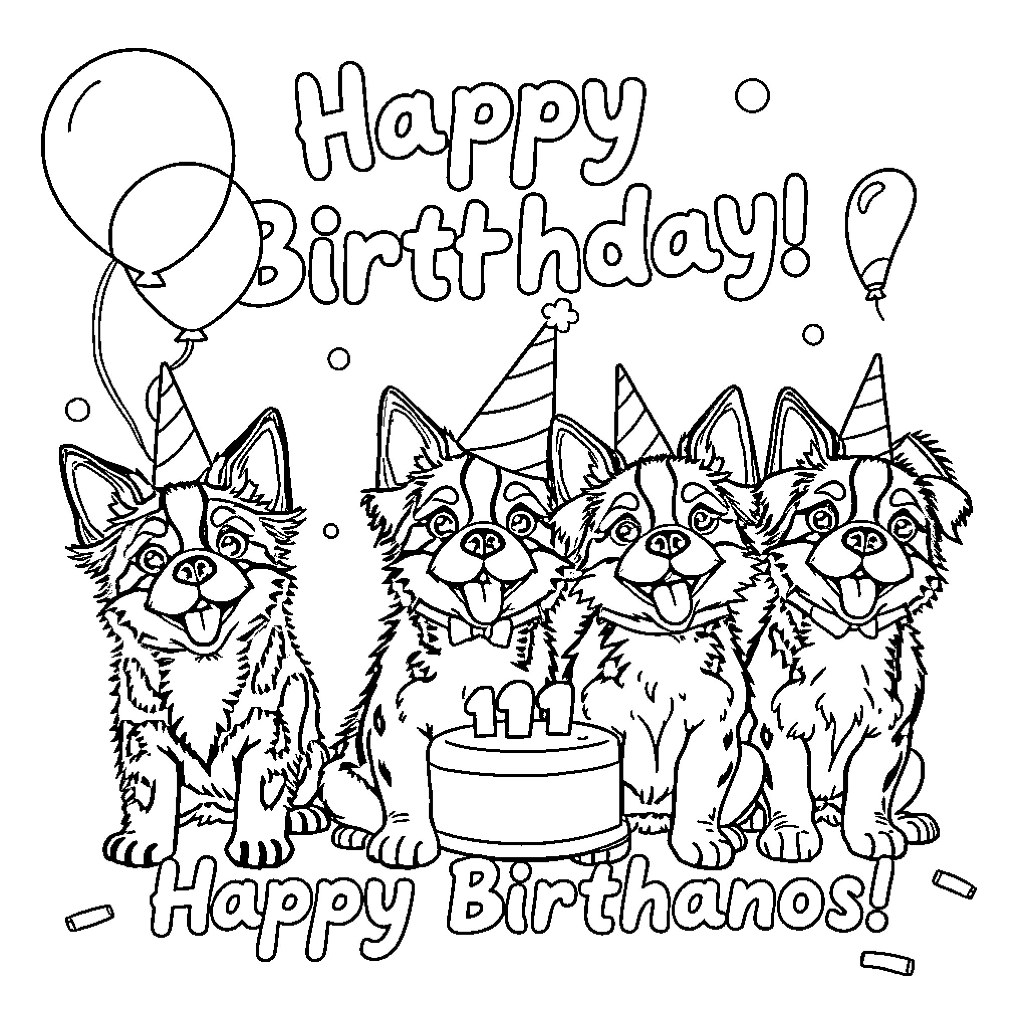 Puppy Patrol Celebrating Happy Birthdays Coloring Page (free black-and-white line drawing printable PDF for all, from beginners to advanced learners, including children, teens, adults, and seniors)