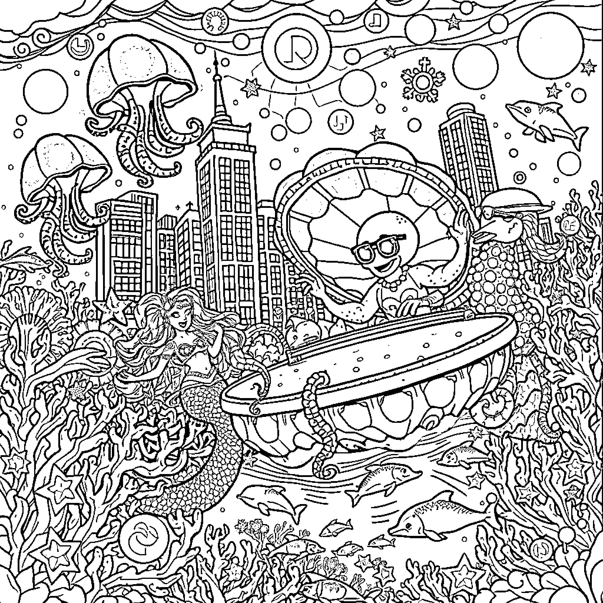Mermaid's Underwater City Adventure Coloring Page (free black-and-white line drawing printable PDF for all, from beginners to advanced learners, including children, teens, adults, and seniors)