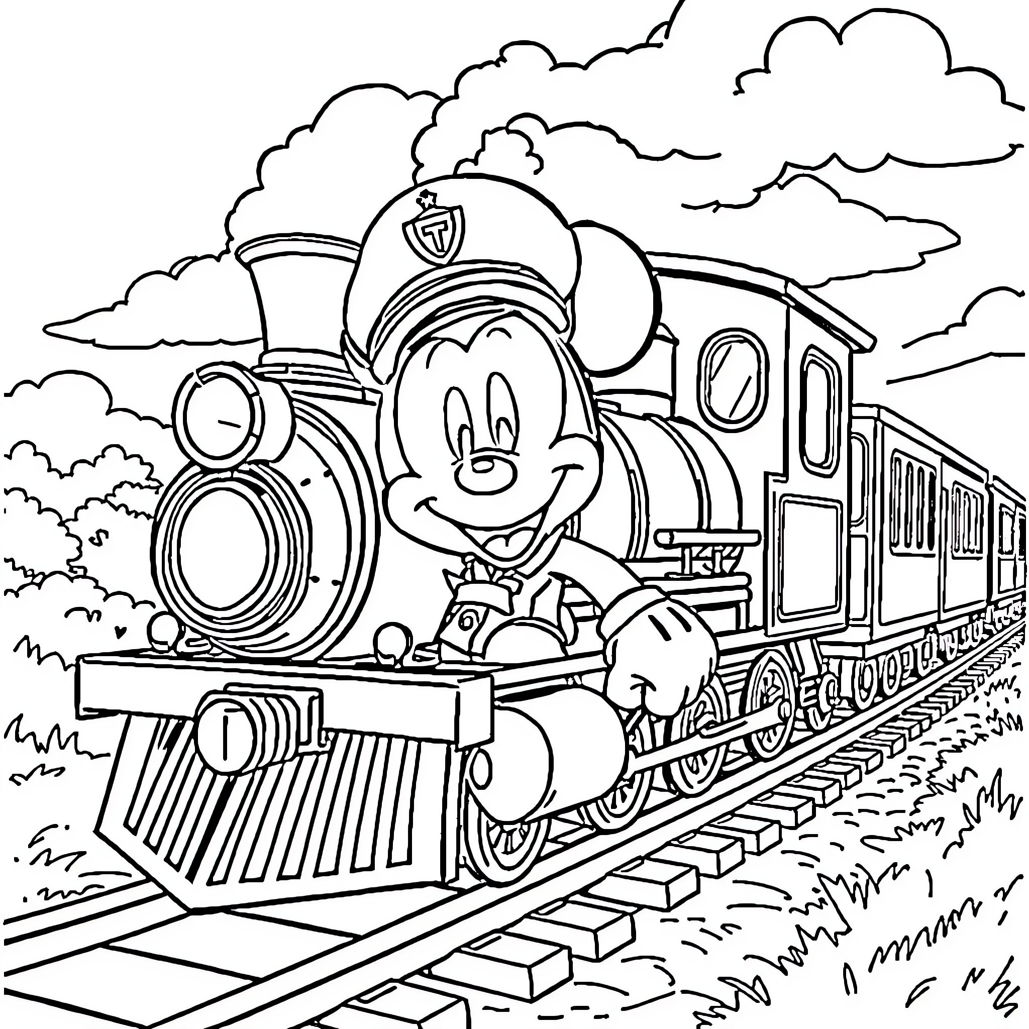 Mickey Mouse driving a steam locomotive train Coloring Page (free black-and-white line drawing printable PDF for all, from beginners to advanced learners, including children, teens, adults, and seniors)