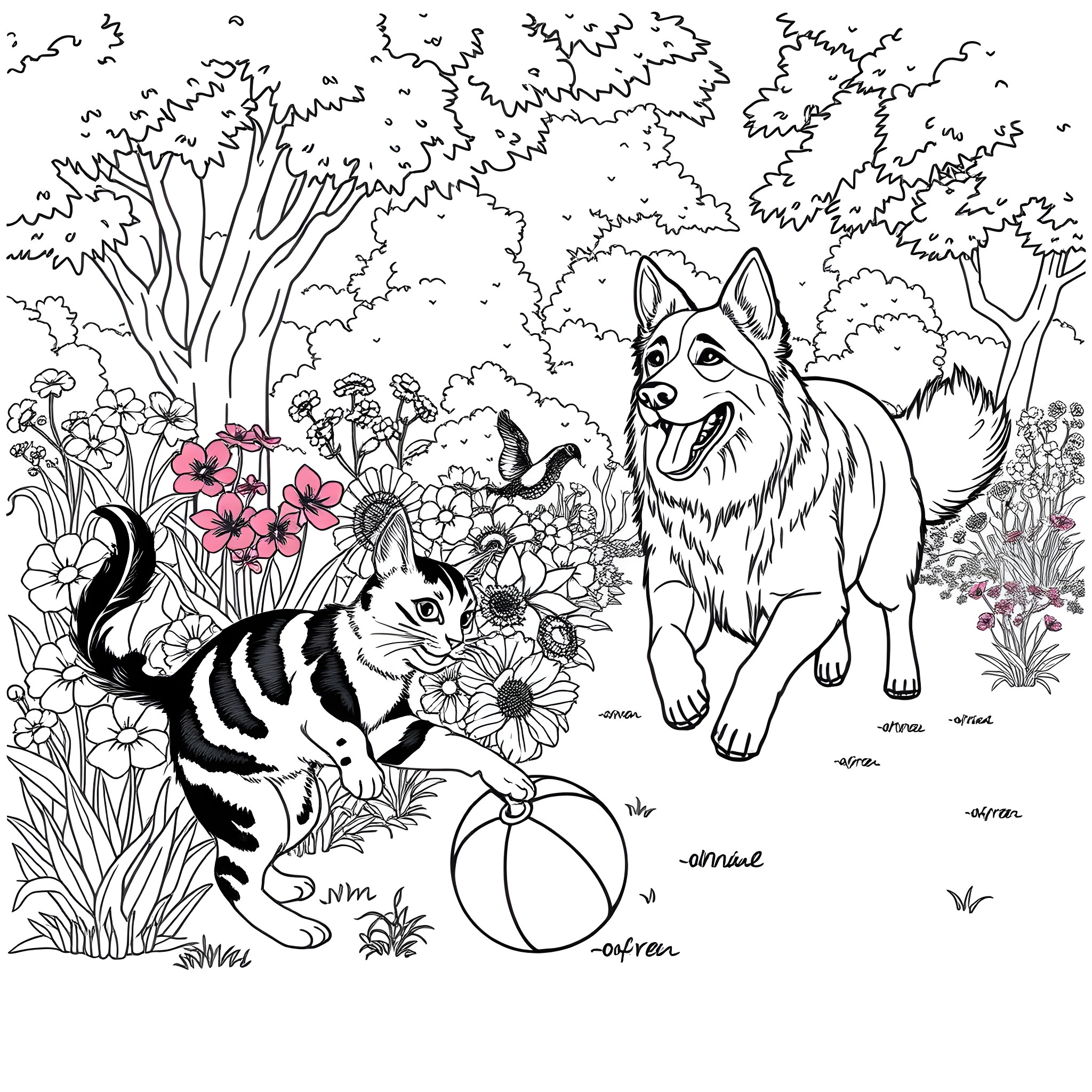 Shepherd pets adorable dogs in blooming garden Coloring Page (free black-and-white line drawing printable PDF for all, from beginners to advanced learners, including children, teens, adults, and seniors)
