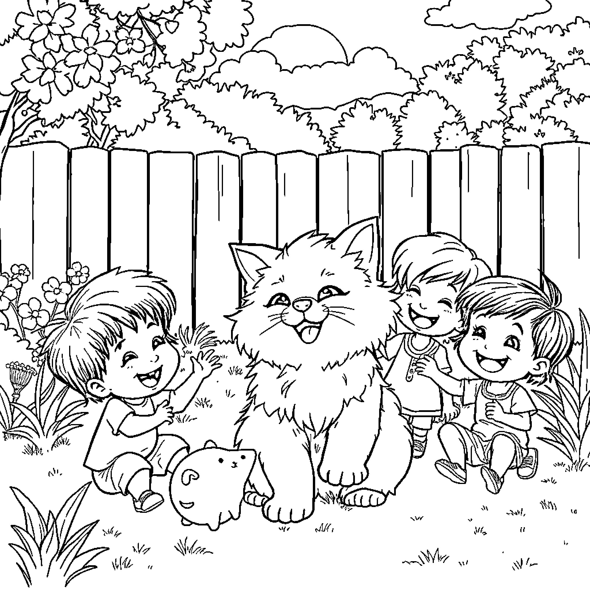 Cat and children playing in the garden Coloring Page (free black-and-white line drawing printable PDF for all, from beginners to advanced learners, including children, teens, adults, and seniors)