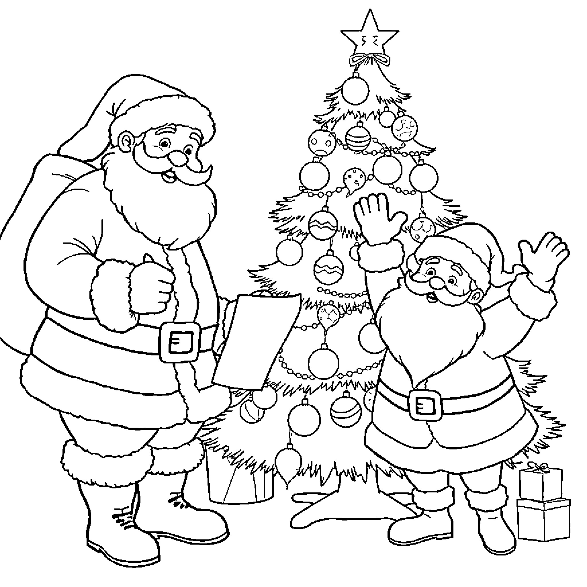 Santa Claus Decorating Christmas Tree with Elves Coloring Page (free black-and-white line drawing printable PDF for all, from beginners to advanced learners, including children, teens, adults, and seniors)