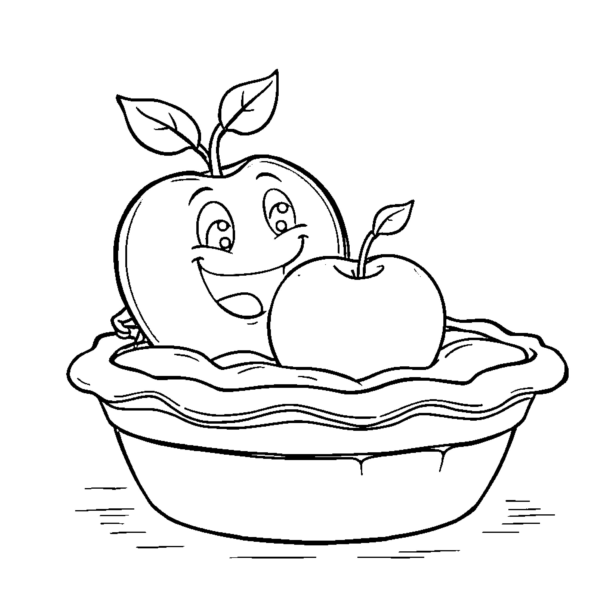 Apple Smiling Fruits in Bowl Coloring Page (free black-and-white line drawing printable PDF for all, from beginners to advanced learners, including children, teens, adults, and seniors)