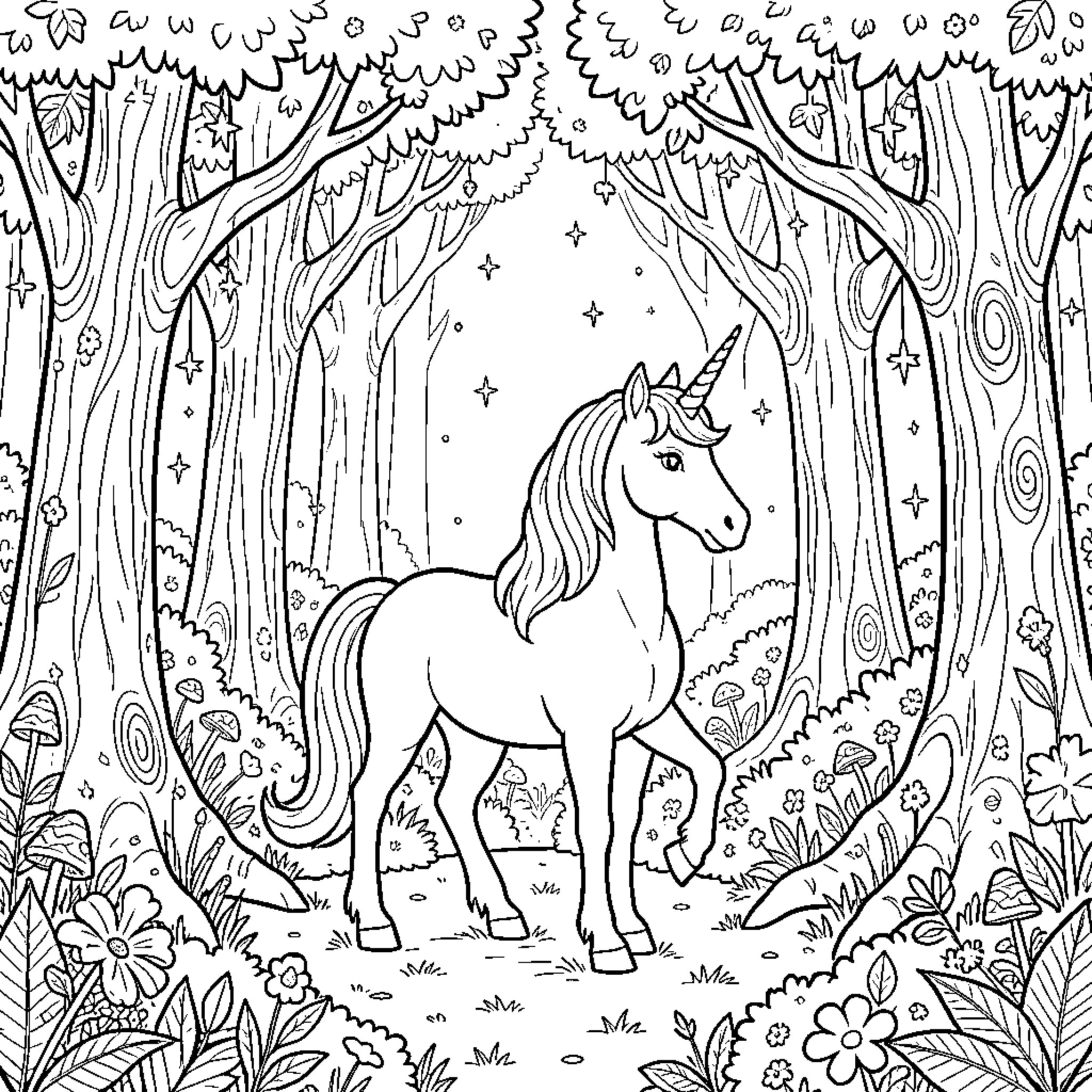Unicorn standing peacefully in a magical forest Coloring Page (free black-and-white line drawing printable PDF for all, from beginners to advanced learners, including children, teens, adults, and seniors)