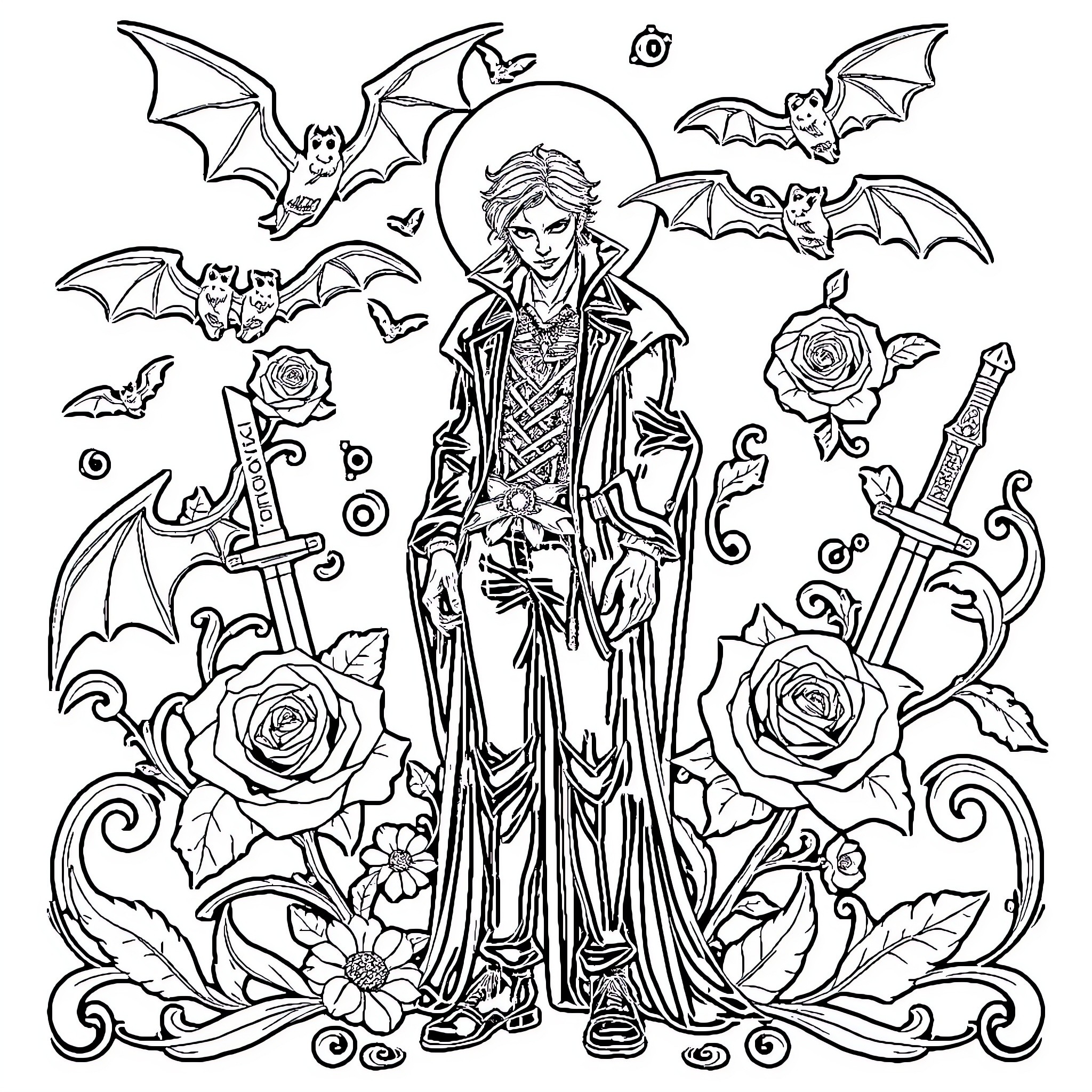 Bat-winged Vampire in a Floral Realm Coloring Page (free black-and-white line drawing printable PDF for all, from beginners to advanced learners, including children, teens, adults, and seniors)