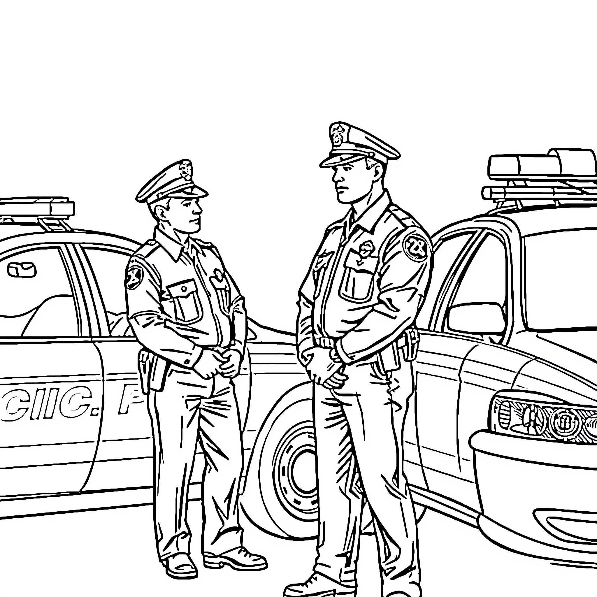 Police Officers Discussing near Patrol Vehicle Coloring Page (free black-and-white line drawing printable PDF for all, from beginners to advanced learners, including children, teens, adults, and seniors)