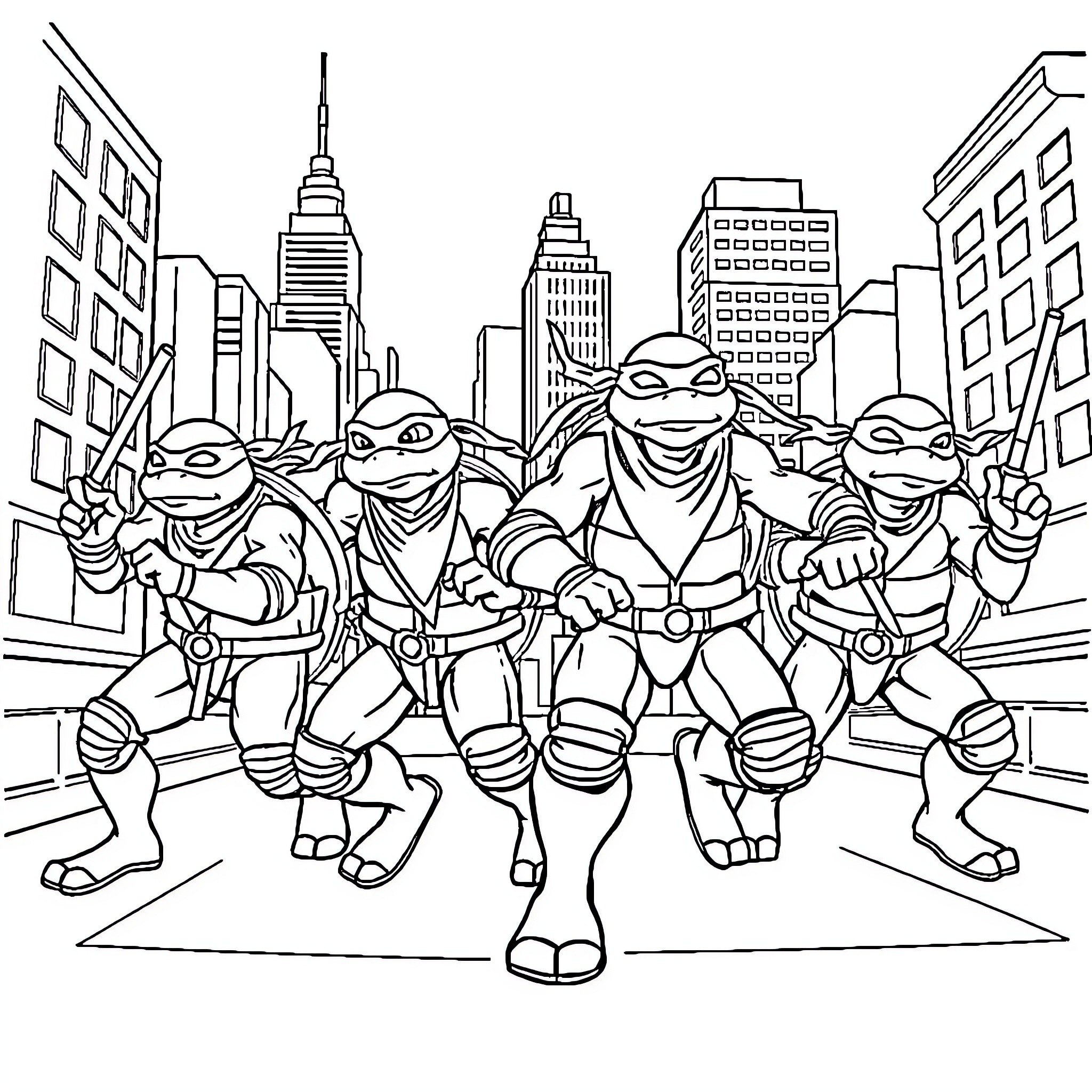 Ninja Turtles in action in the city Coloring Page (free black-and-white line drawing printable PDF for all, from beginners to advanced learners, including children, teens, adults, and seniors)