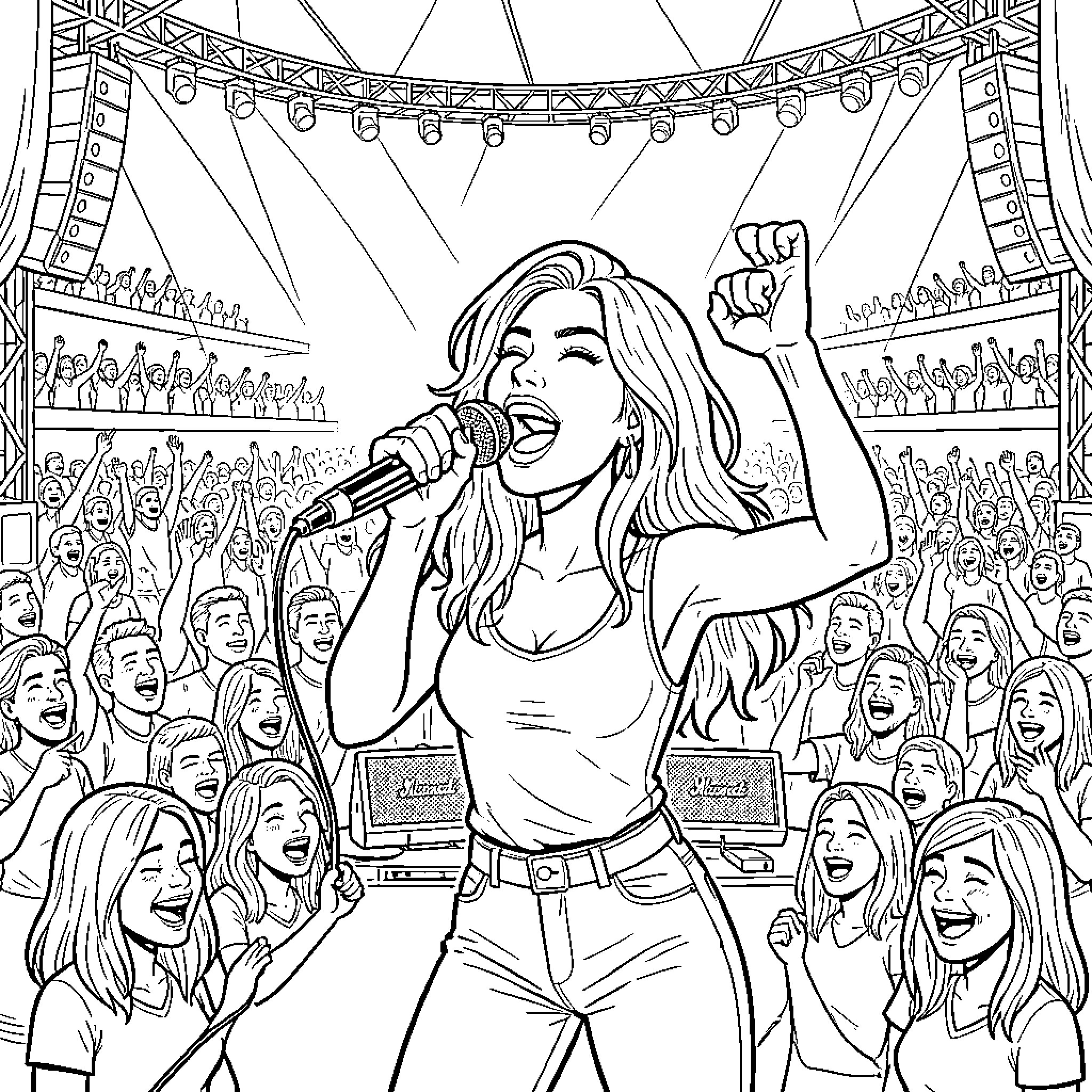 Malú's Energetic Performance on Stage Coloring Page (free black-and-white line drawing printable PDF for all, from beginners to advanced learners, including children, teens, adults, and seniors)