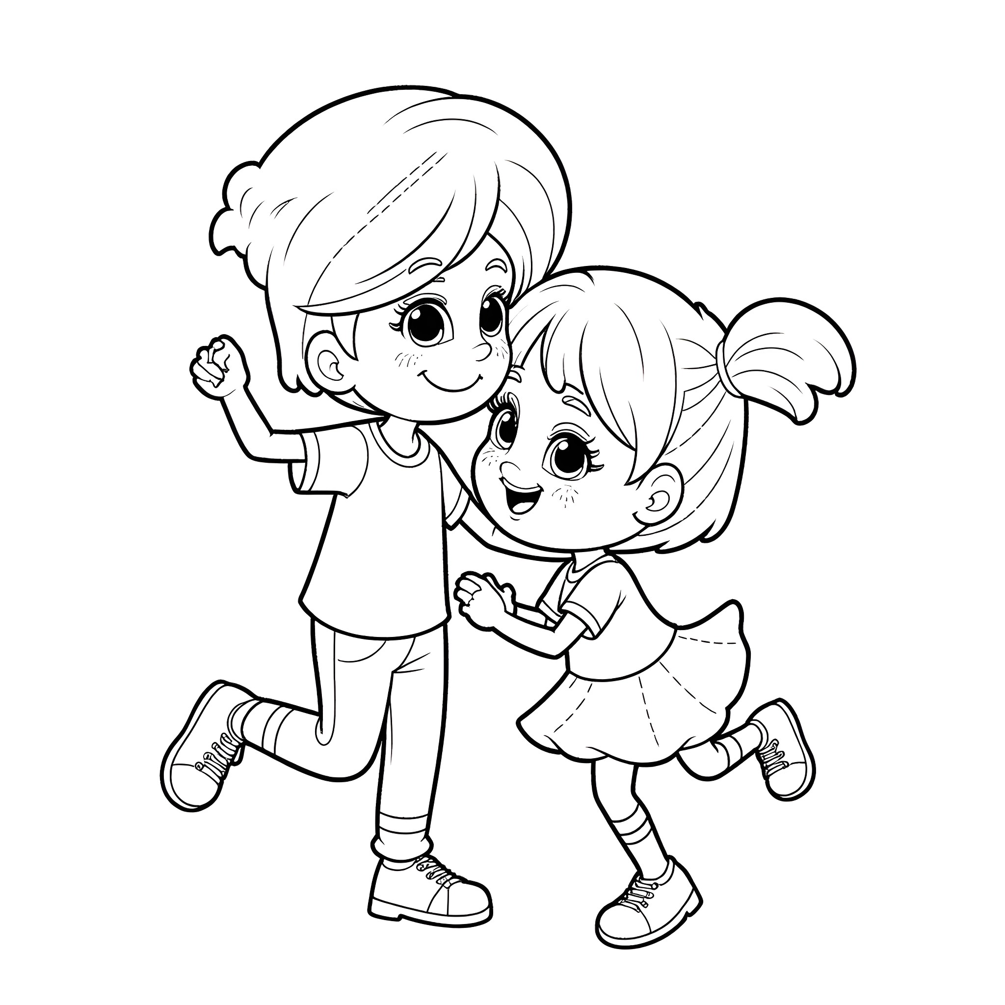 Pebbles playing happily with friend in the park Coloring Page (free black-and-white line drawing printable PDF for all, from beginners to advanced learners, including children, teens, adults, and seniors)