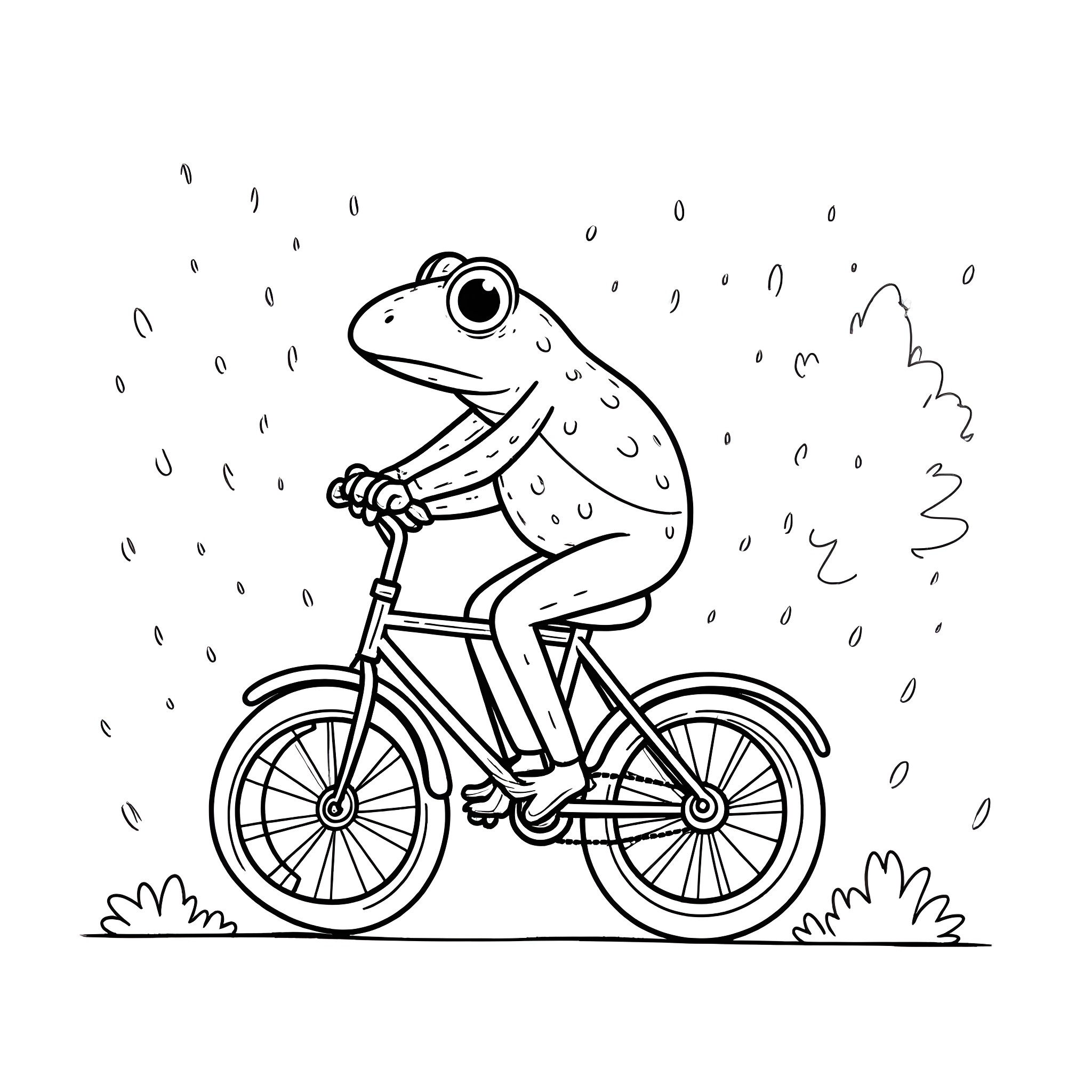 Frog riding a bicycle in the rain Coloring Page (free black-and-white line drawing printable PDF for all, from beginners to advanced learners, including children, teens, adults, and seniors)