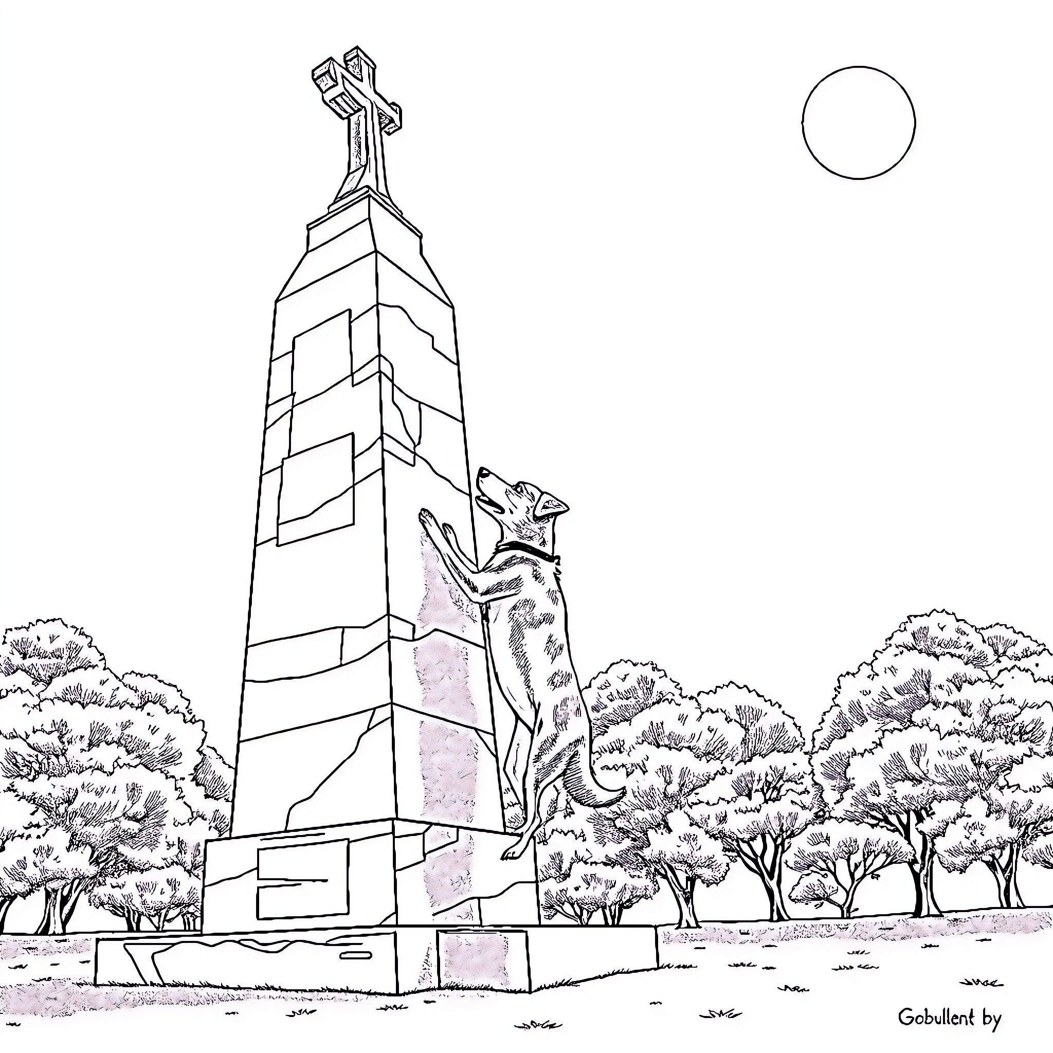 Bluey enjoying the view from a tall monument Coloring Page (free black-and-white line drawing printable PDF for all, from beginners to advanced learners, including children, teens, adults, and seniors)