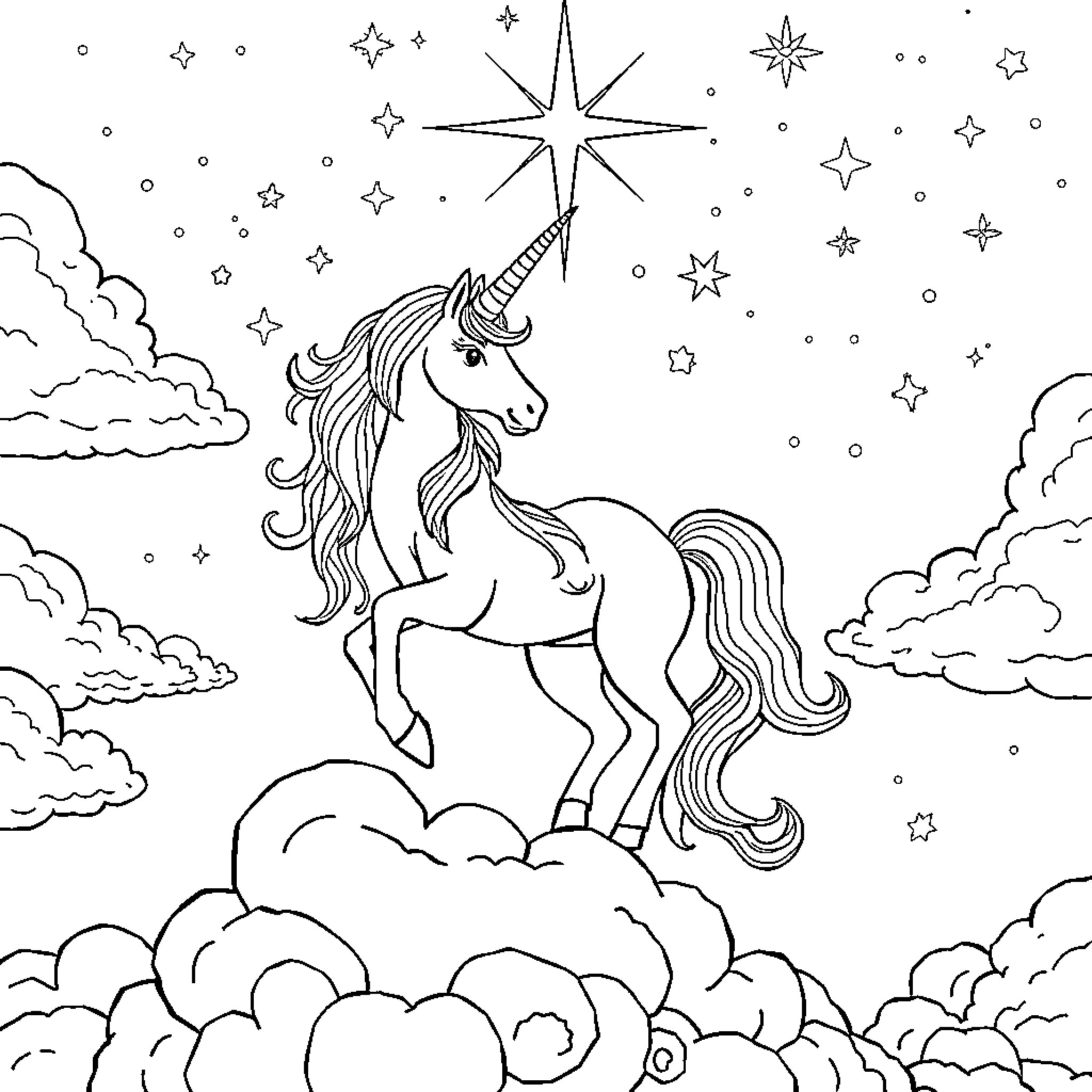 Unicorn standing amid twinkling stars and clouds Coloring Page (free black-and-white line drawing printable PDF for all, from beginners to advanced learners, including children, teens, adults, and seniors)