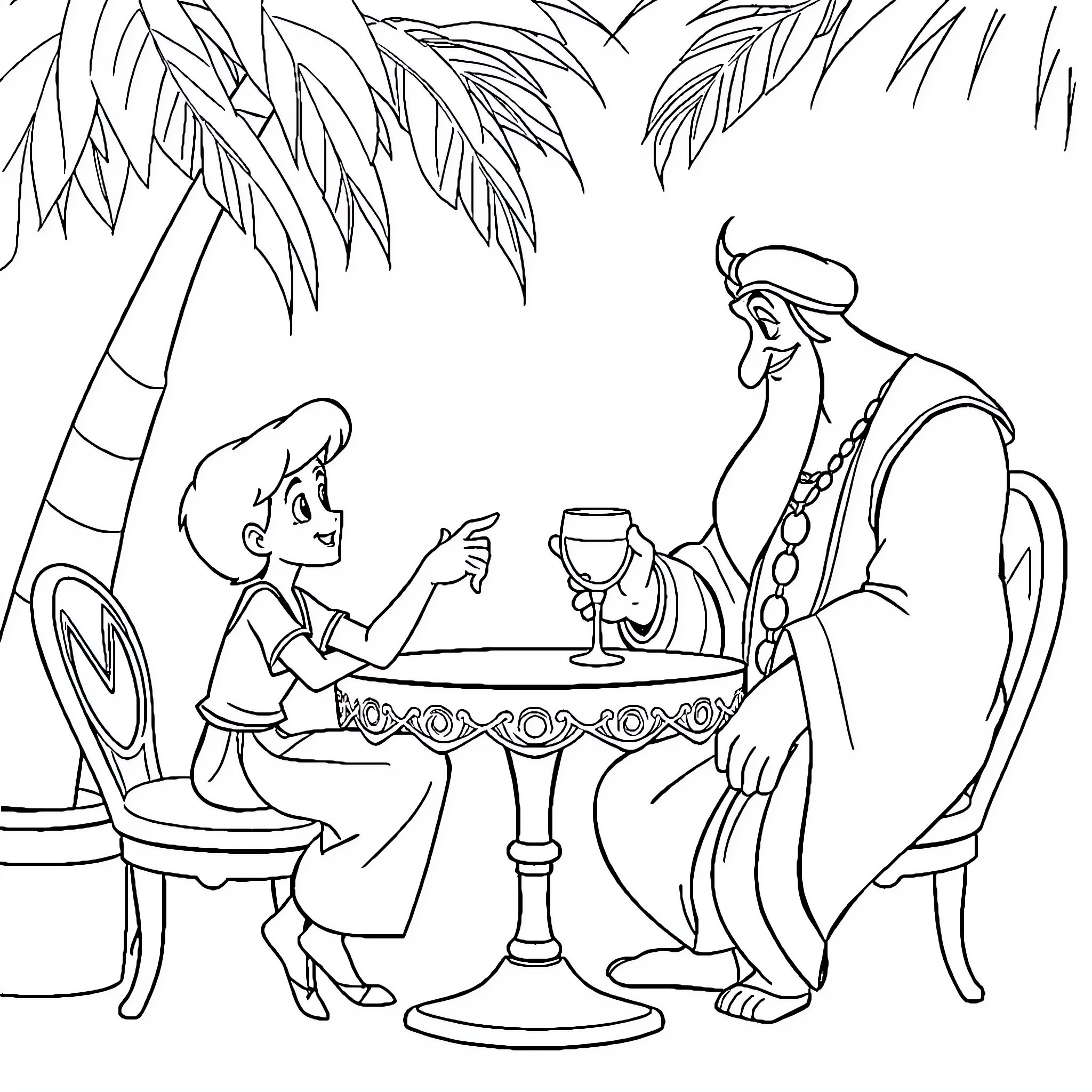 Aladdin enjoying a meal with the Sultan Coloring Page (free black-and-white line drawing printable PDF for all, from beginners to advanced learners, including children, teens, adults, and seniors)