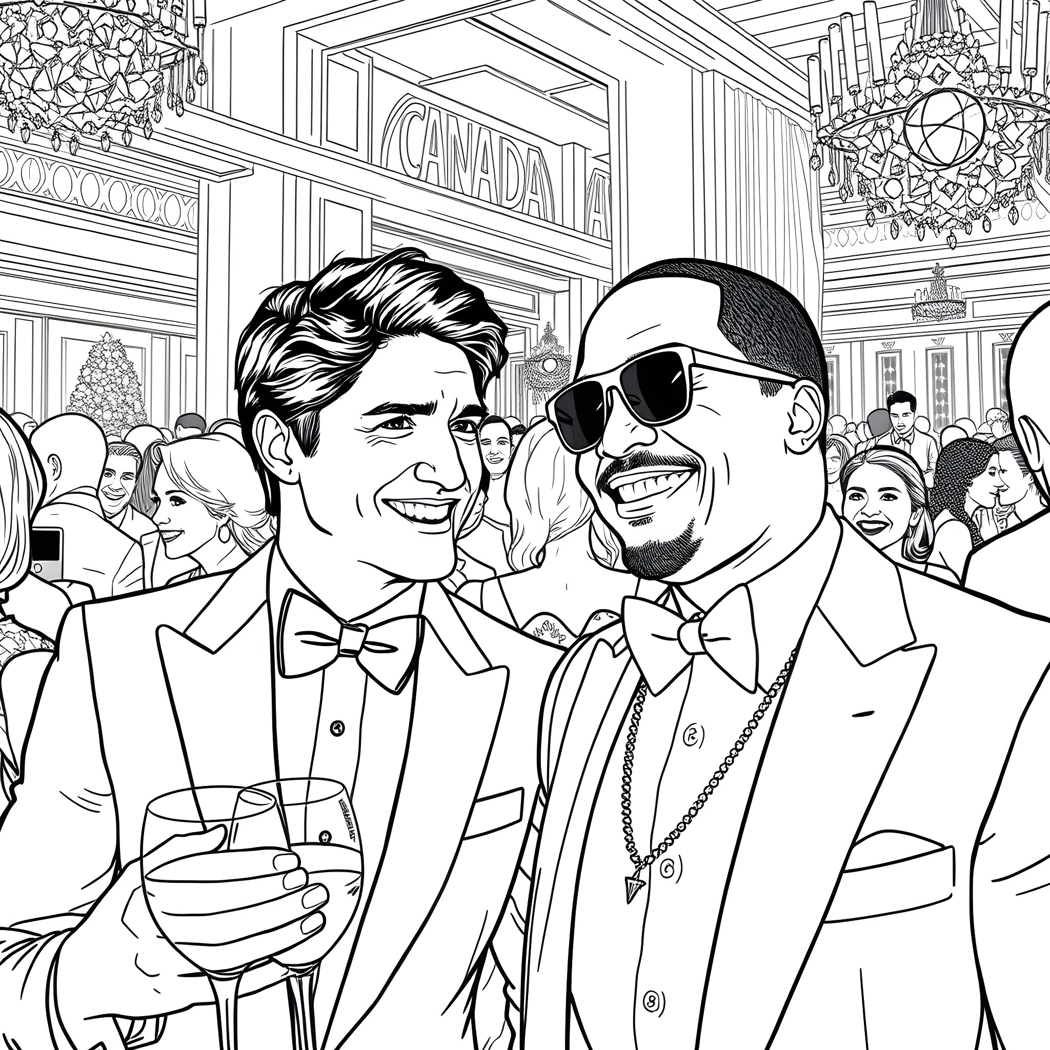 Justin Trudeau and Companion in Formal Attire at Event Coloring Page (free black-and-white line drawing printable PDF for all, from beginners to advanced learners, including children, teens, adults, and seniors)