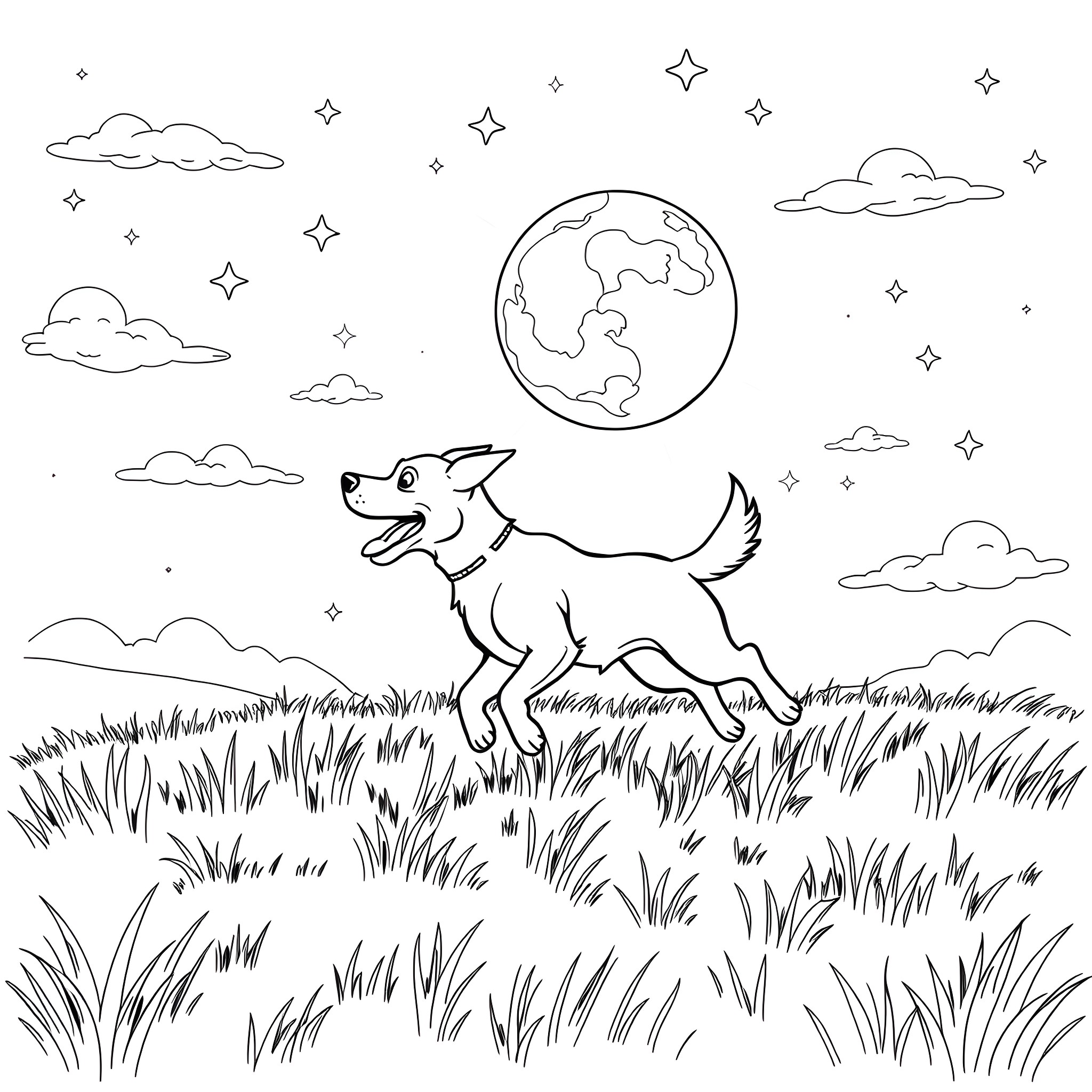 Dog running happily in the countryside Coloring Page (free black-and-white line drawing printable PDF for all, from beginners to advanced learners, including children, teens, adults, and seniors)