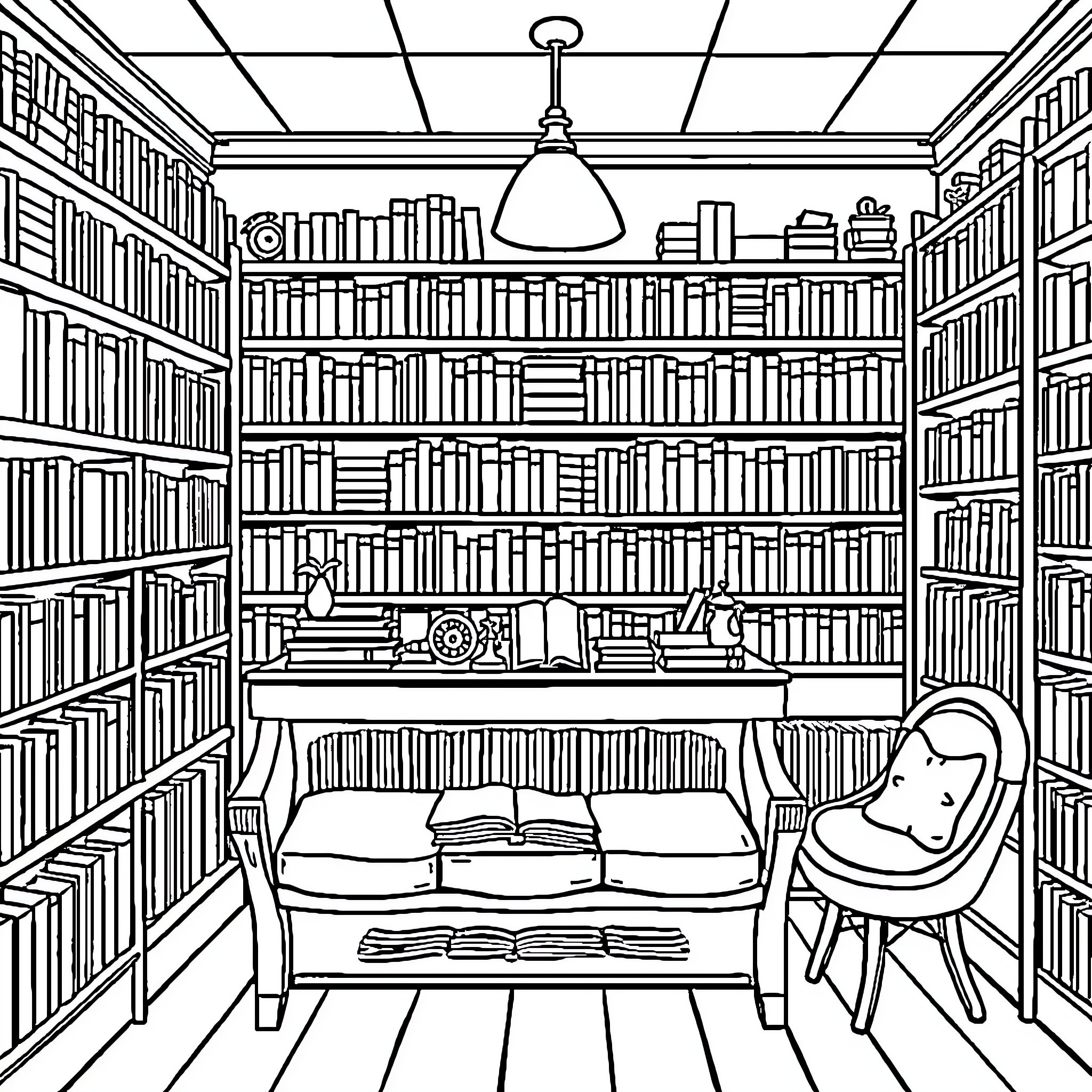 Bookshop interior with bookshelves and study area Coloring Page (free black-and-white line drawing printable PDF for all, from beginners to advanced learners, including children, teens, adults, and seniors)
