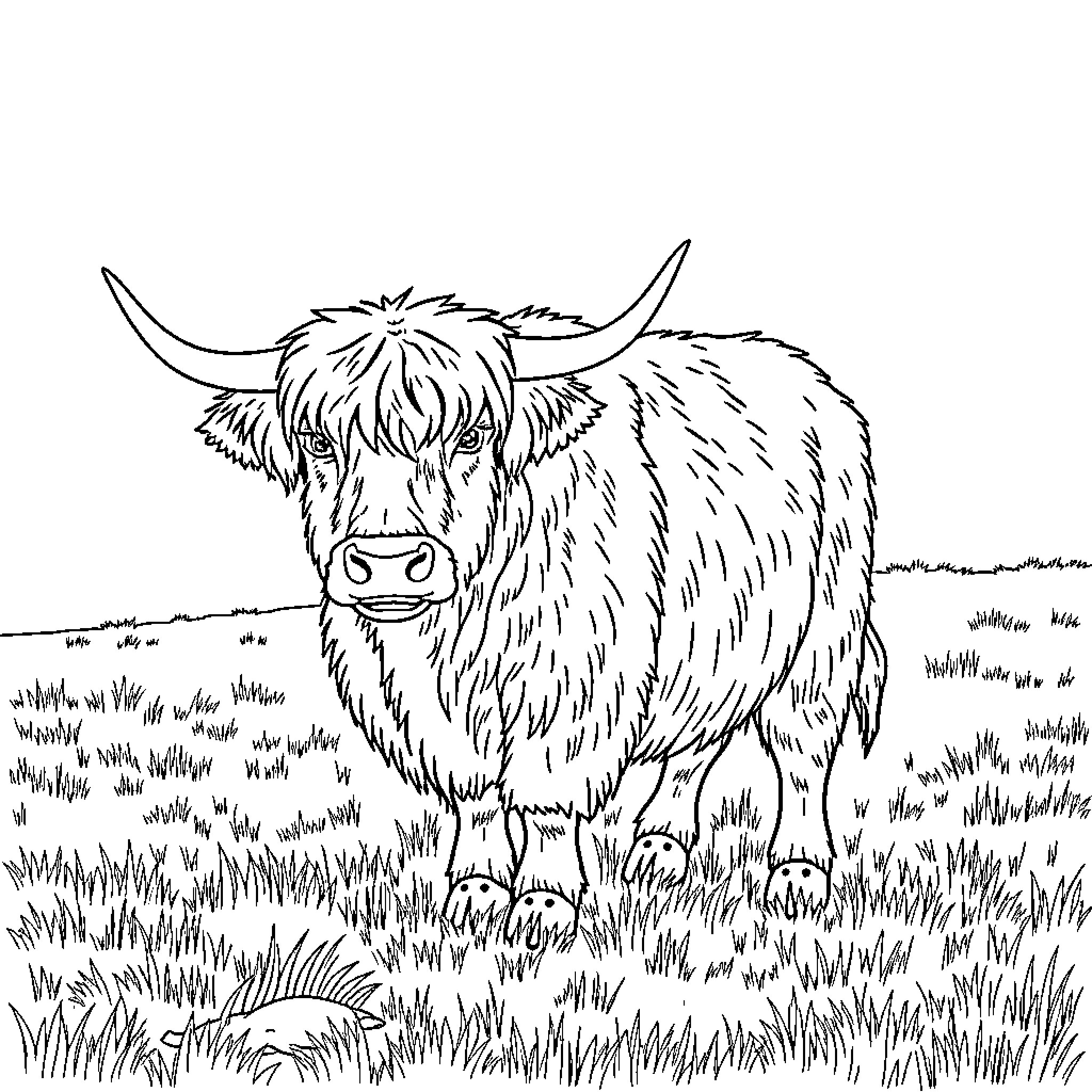Highland Cow Grazing in Grassy Field Coloring Page (free black-and-white line drawing printable PDF for all, from beginners to advanced learners, including children, teens, adults, and seniors)