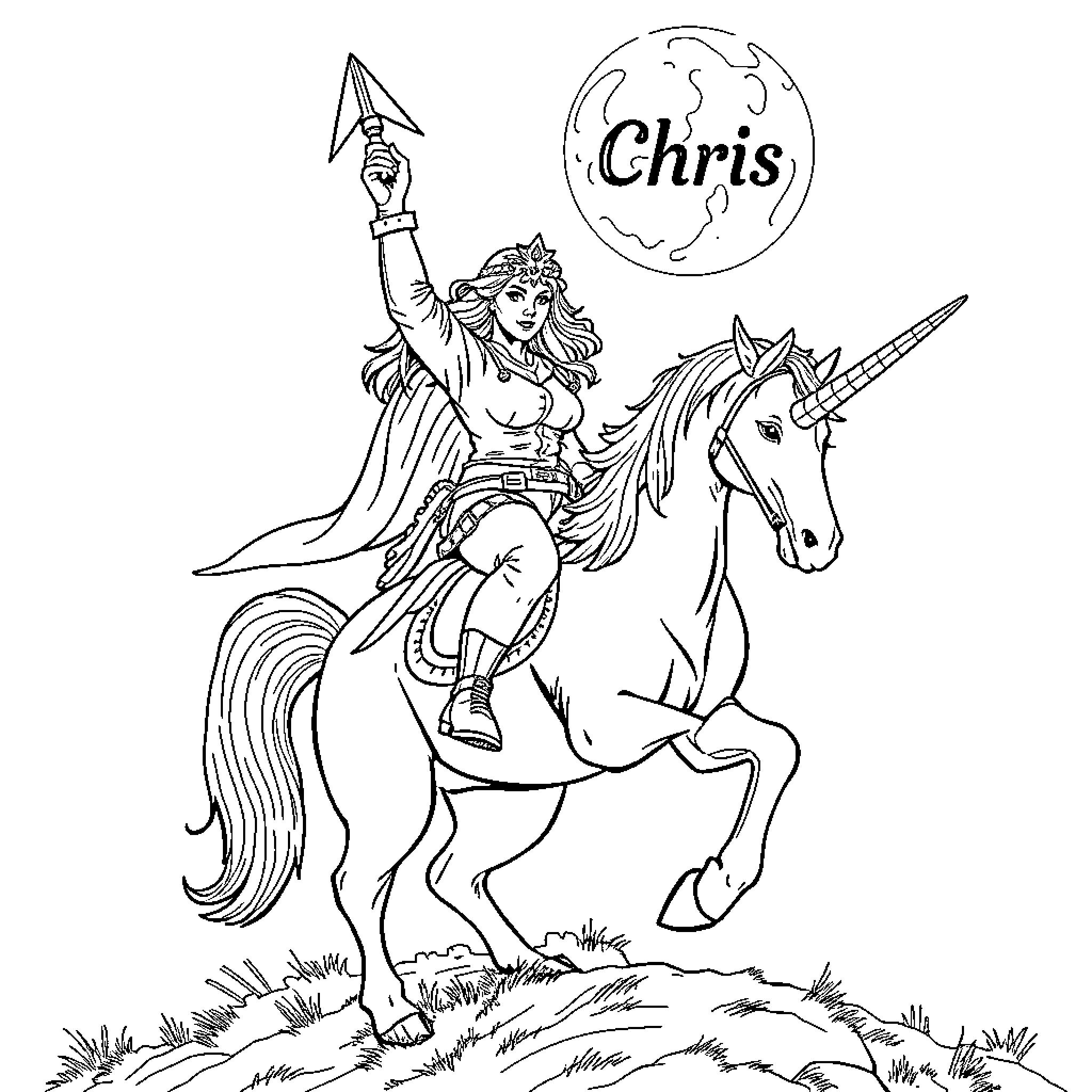 Warrior Queen Riding Majestic Unicorn in Enchanted Lands Coloring Page (free black-and-white line drawing printable PDF for all, from beginners to advanced learners, including children, teens, adults, and seniors)