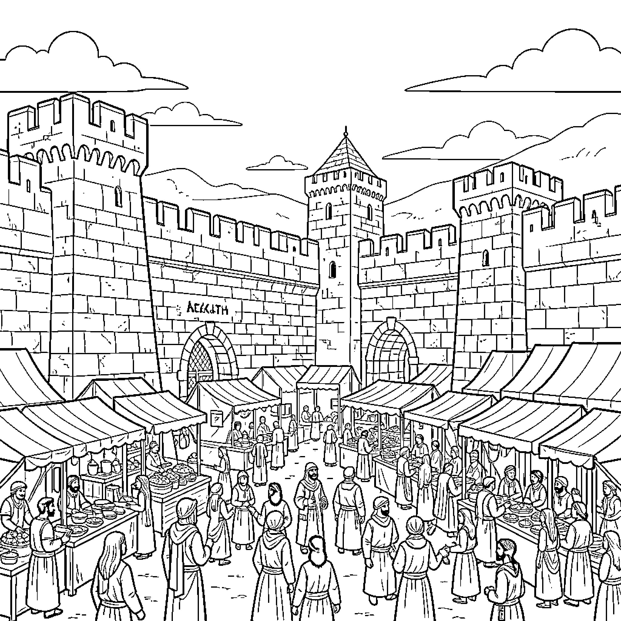 Aekath bustling marketplace scene with people and market stalls Coloring Page (free black-and-white line drawing printable PDF for all, from beginners to advanced learners, including children, teens, adults, and seniors)