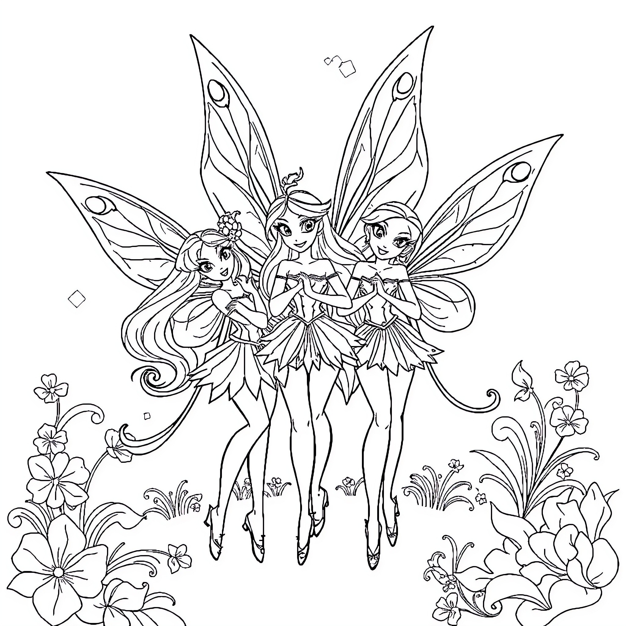 Winx Club Fairies Posing Gracefully with Flowers Coloring Page (free black-and-white line drawing printable PDF for all, from beginners to advanced learners, including children, teens, adults, and seniors)