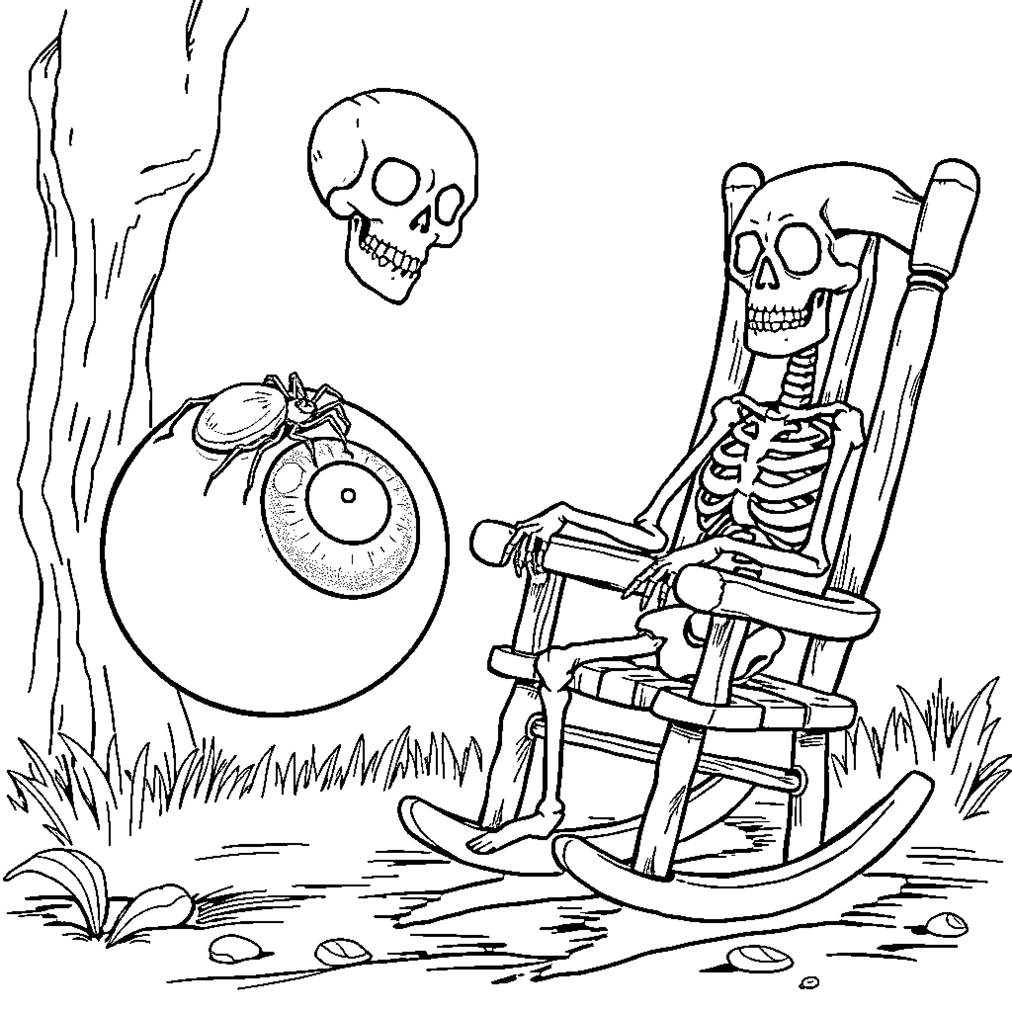 Spider skeleton relaxing in spooky graveyard Coloring Page (free black-and-white line drawing printable PDF for all, from beginners to advanced learners, including children, teens, adults, and seniors)