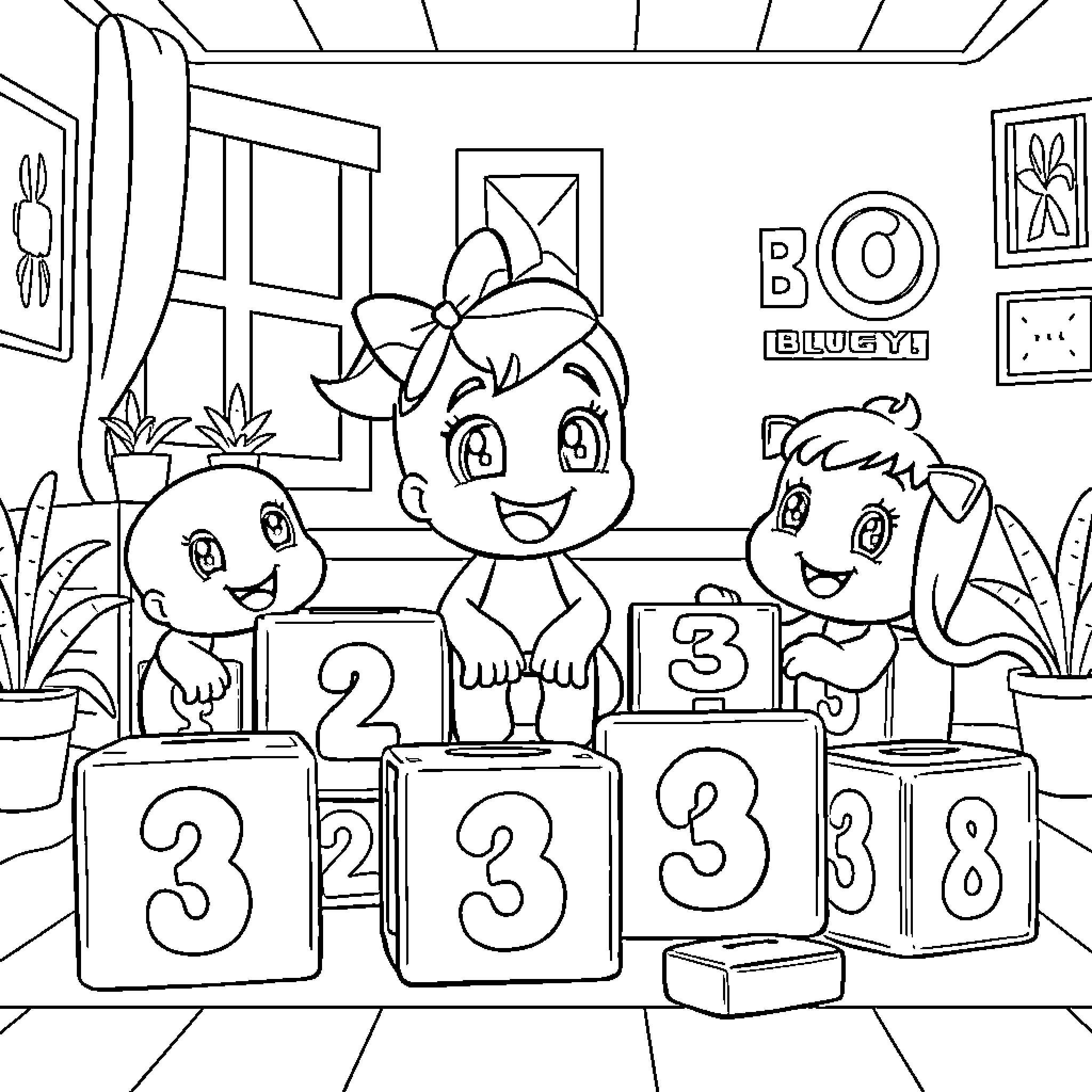 Block characters counting numbers playfully Coloring Page (free black-and-white line drawing printable PDF for all, from beginners to advanced learners, including children, teens, adults, and seniors)