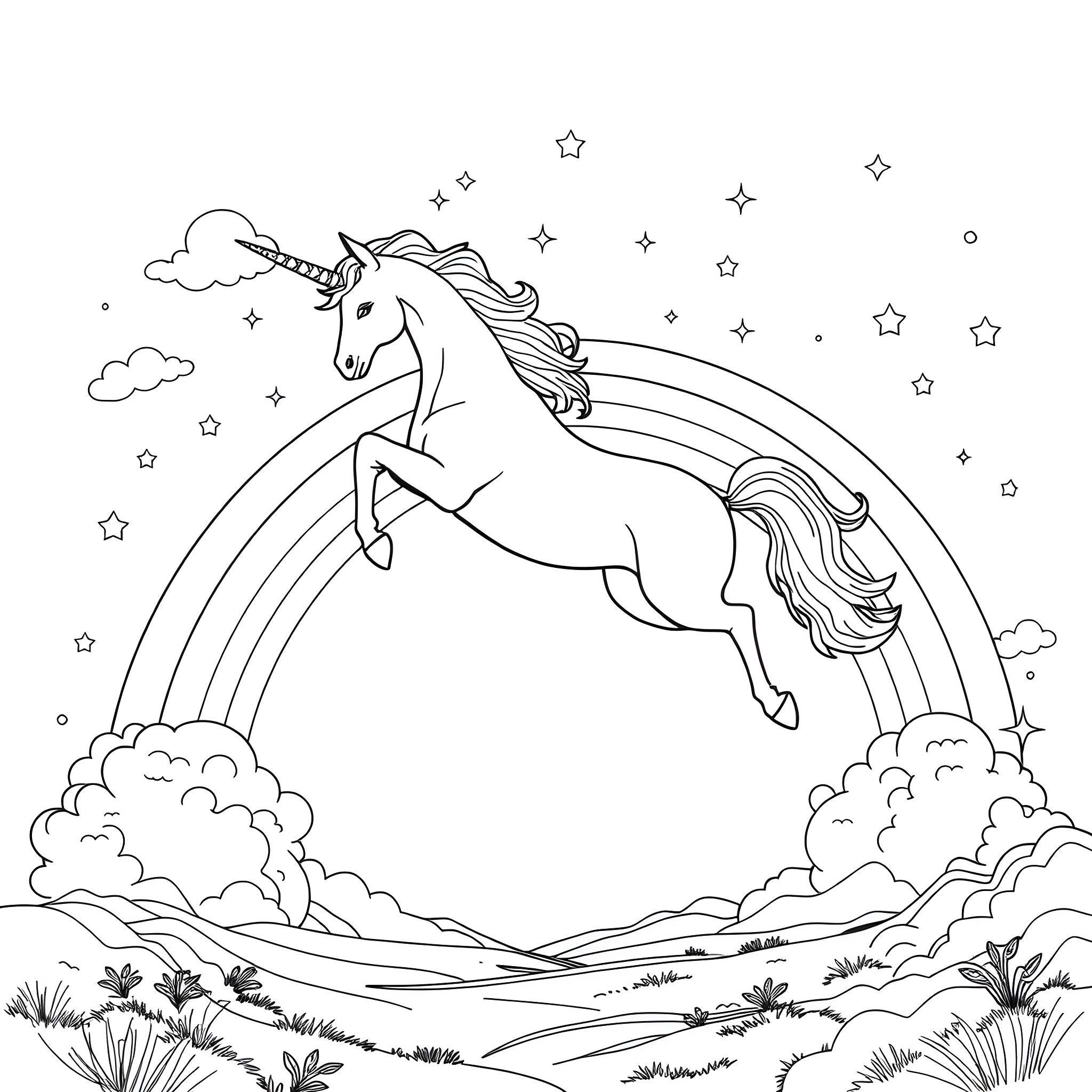 Unicorn leaping over rainbow in magical landscape Coloring Page (free black-and-white line drawing printable PDF for all, from beginners to advanced learners, including children, teens, adults, and seniors)