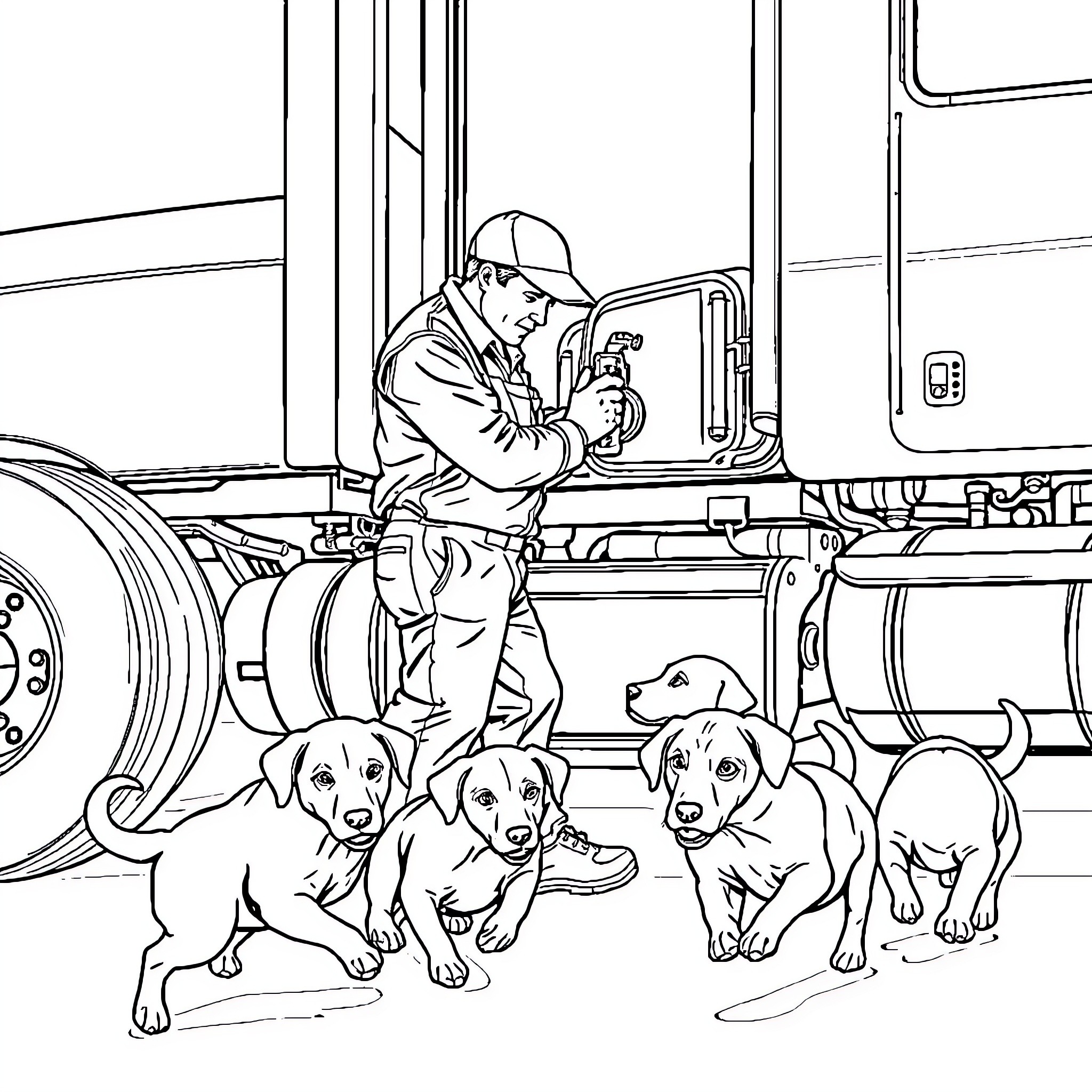 Diesel Mechanic Tending to Vehicles with Canine Companions Coloring Page (free black-and-white line drawing printable PDF for all, from beginners to advanced learners, including children, teens, adults, and seniors)