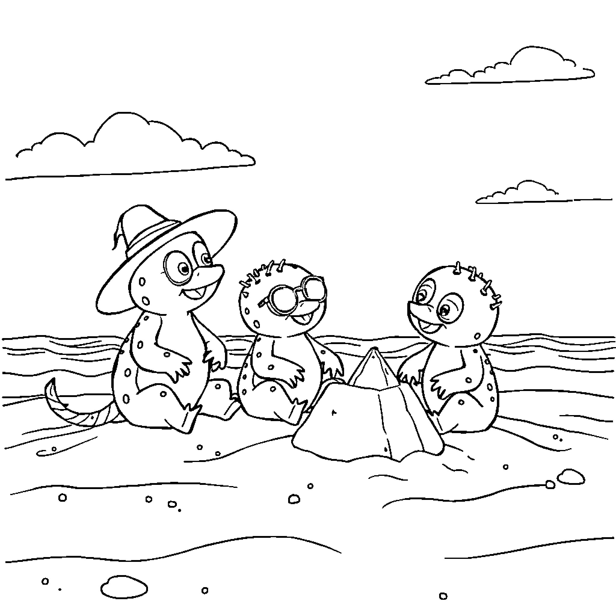 Three Little Pigs playing at the beach Coloring Page (free black-and-white line drawing printable PDF for all, from beginners to advanced learners, including children, teens, adults, and seniors)