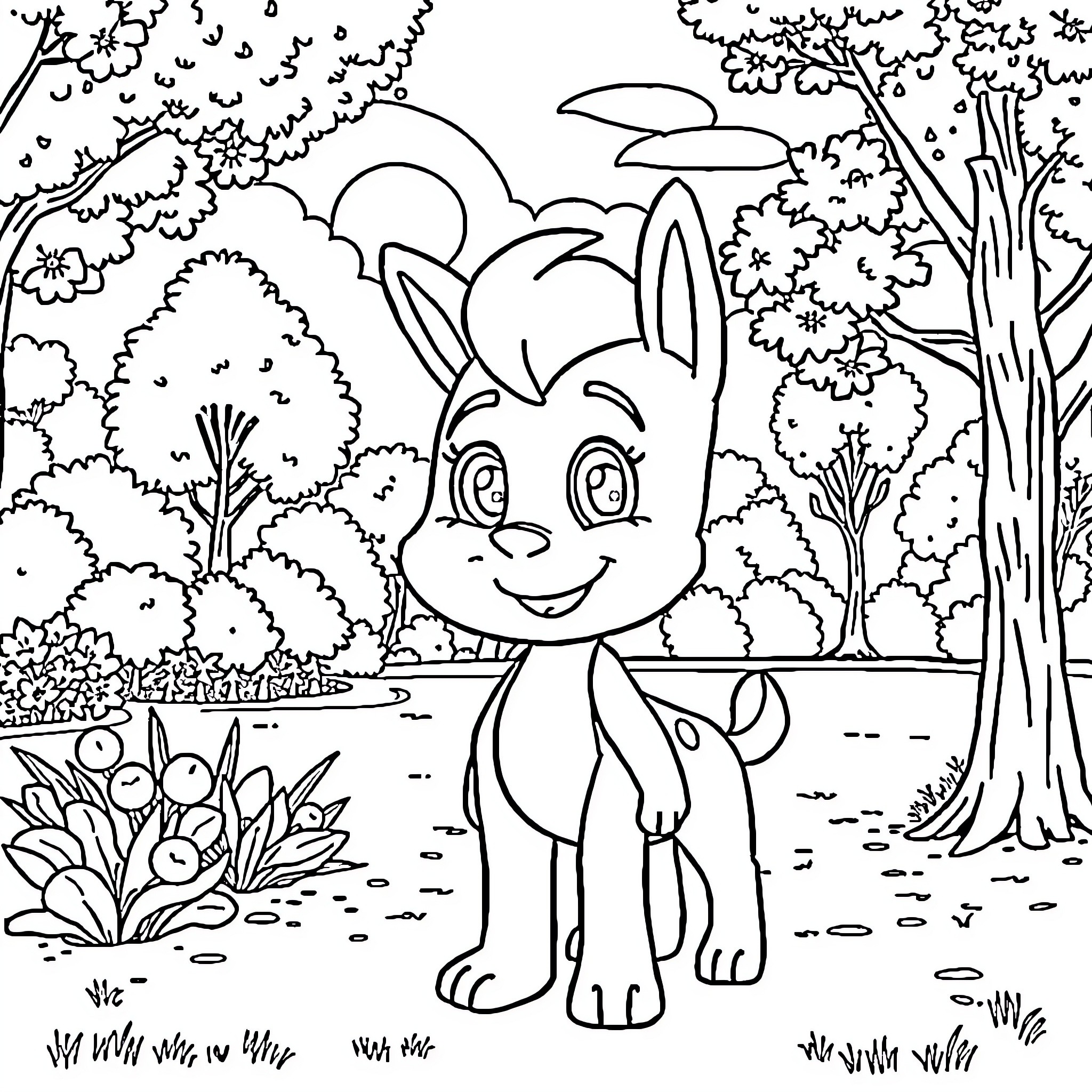 Ayan's Playful Adventure in the Enchanted Forest Coloring Page (free black-and-white line drawing printable PDF for all, from beginners to advanced learners, including children, teens, adults, and seniors)