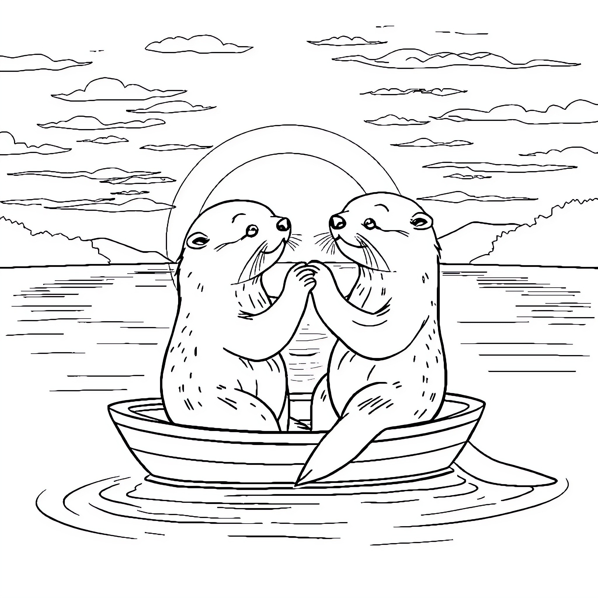 Otter friends enjoying a boat ride on the lake Coloring Page (free black-and-white line drawing printable PDF for all, from beginners to advanced learners, including children, teens, adults, and seniors)