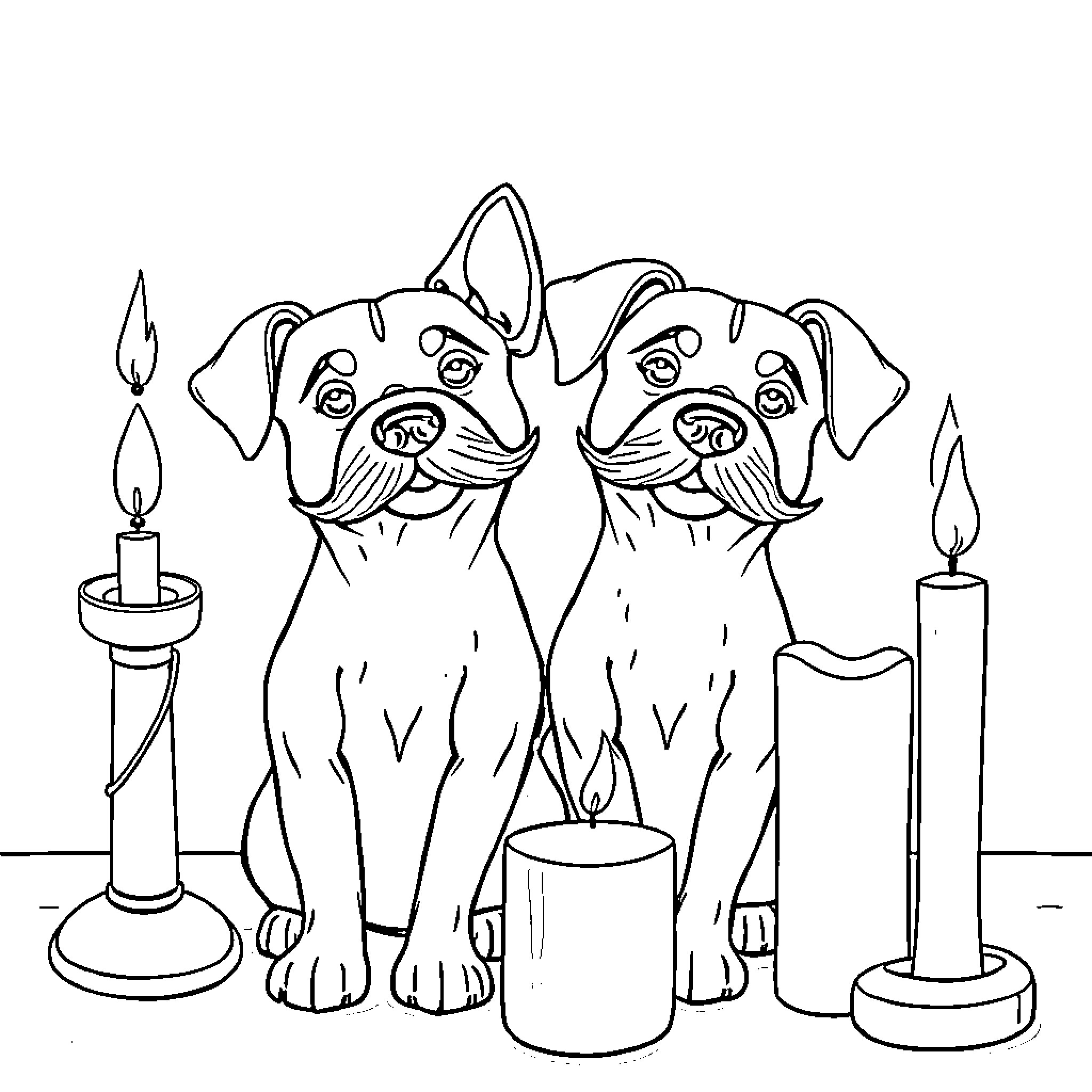 Dog companions sitting by candles Coloring Page (free black-and-white line drawing printable PDF for all, from beginners to advanced learners, including children, teens, adults, and seniors)