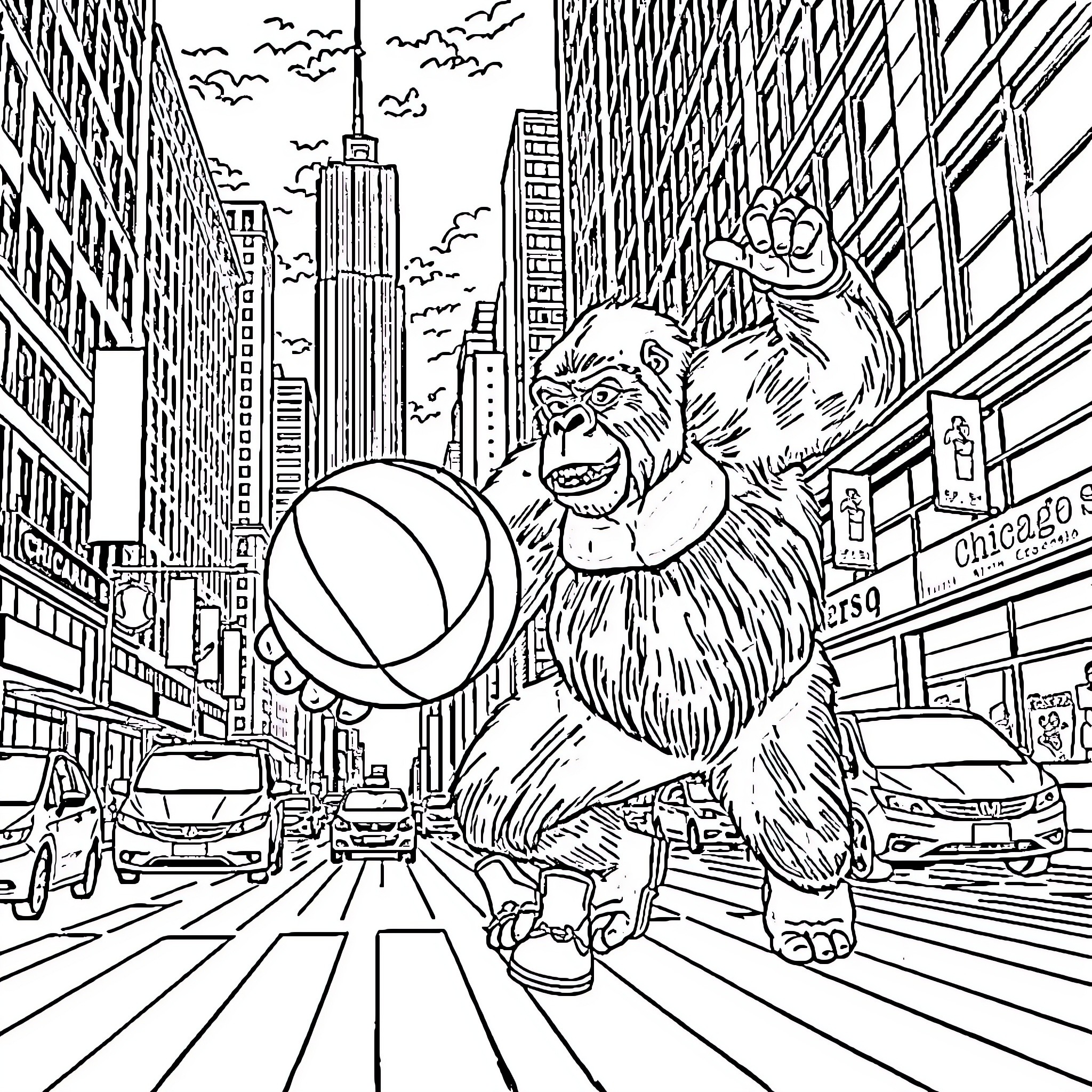 Gorilla playing basketball in the bustling city Coloring Page (free black-and-white line drawing printable PDF for all, from beginners to advanced learners, including children, teens, adults, and seniors)