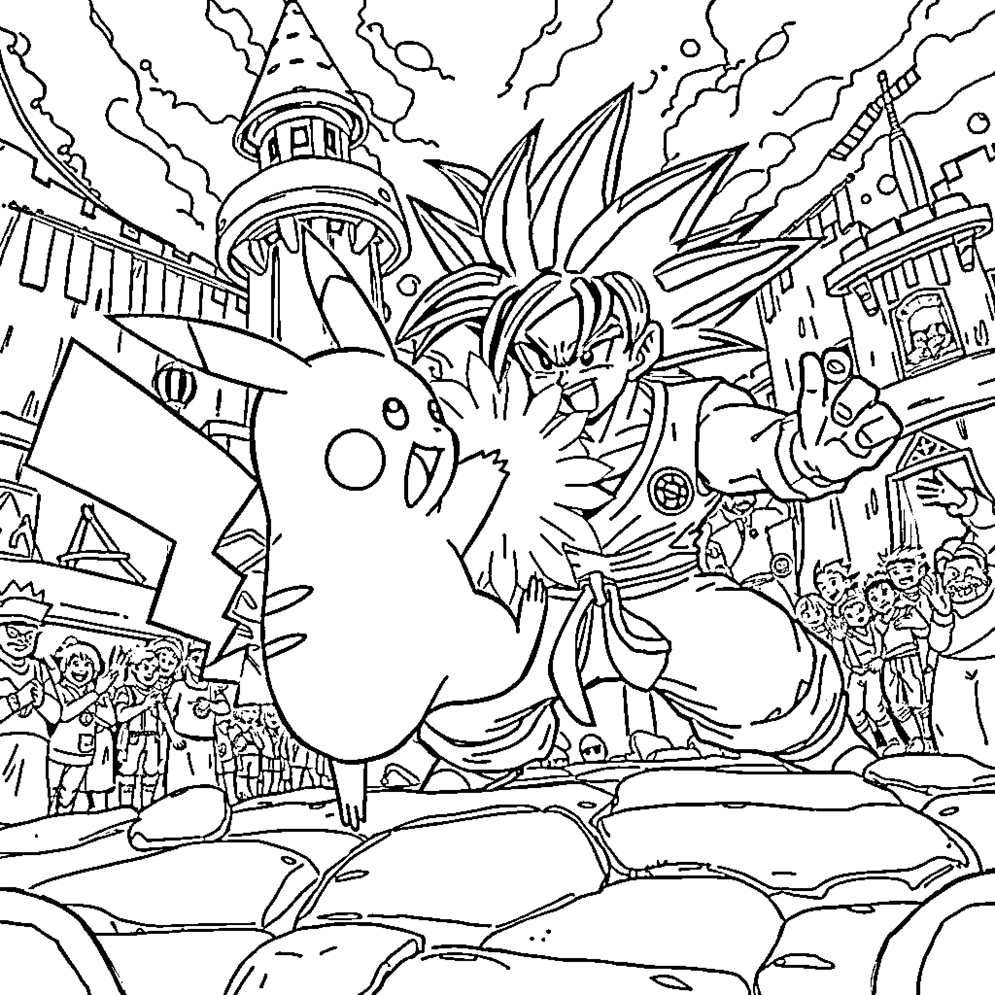 Pikachu's Whimsical Adventures in a Fantasy World Coloring Page (free black-and-white line drawing printable PDF for all, from beginners to advanced learners, including children, teens, adults, and seniors)