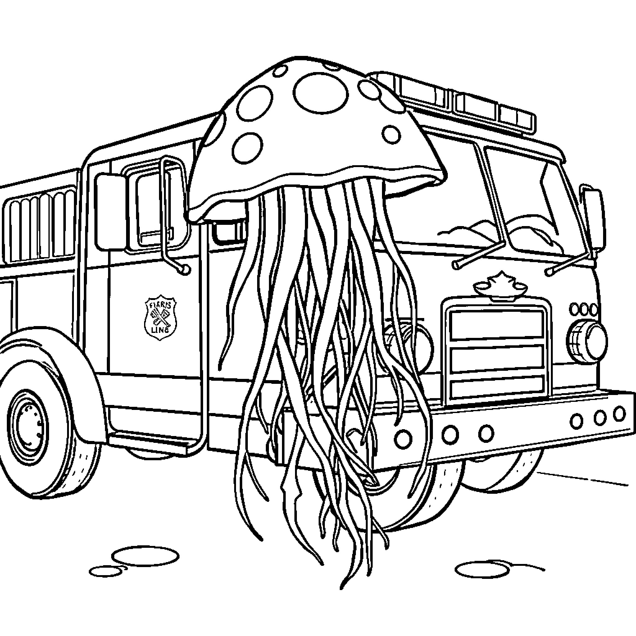 Jellyfish school bus with tentacles Coloring Page (free black-and-white line drawing printable PDF for all, from beginners to advanced learners, including children, teens, adults, and seniors)