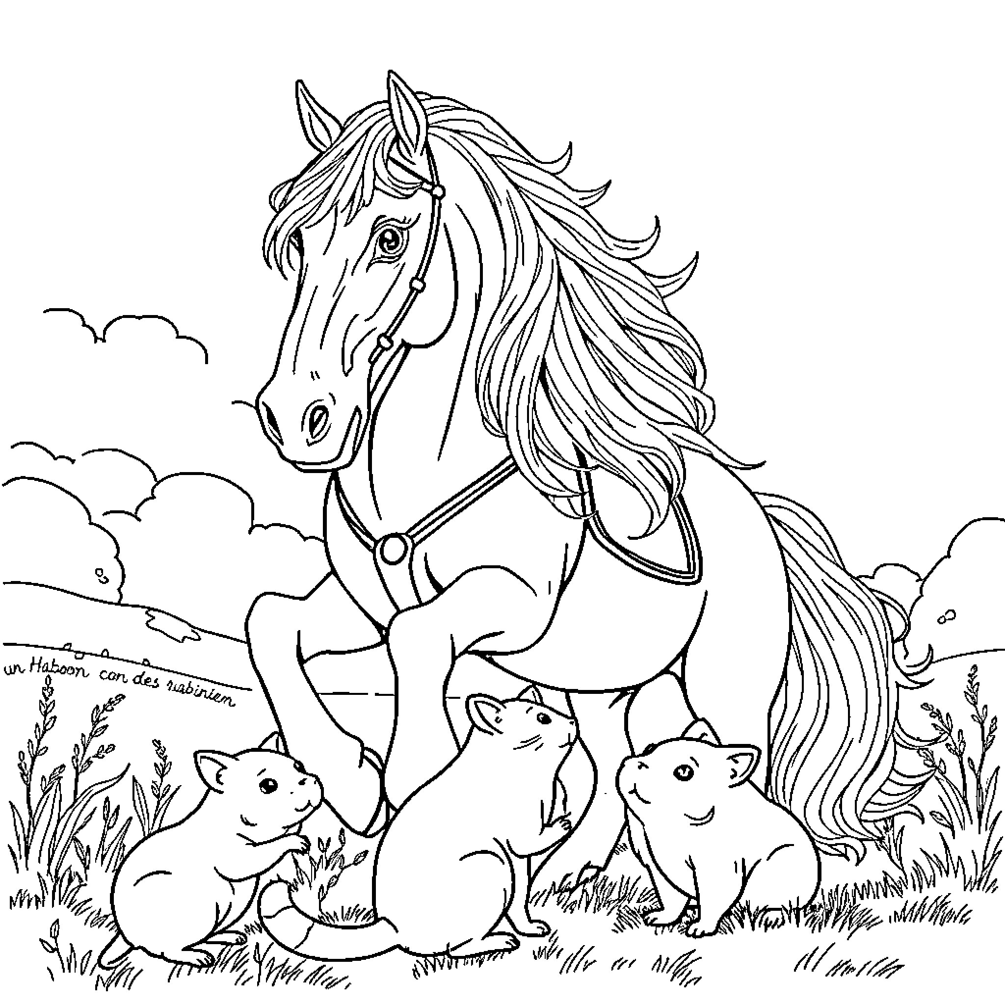 Horse with playful companions in nature Coloring Page (free black-and-white line drawing printable PDF for all, from beginners to advanced learners, including children, teens, adults, and seniors)