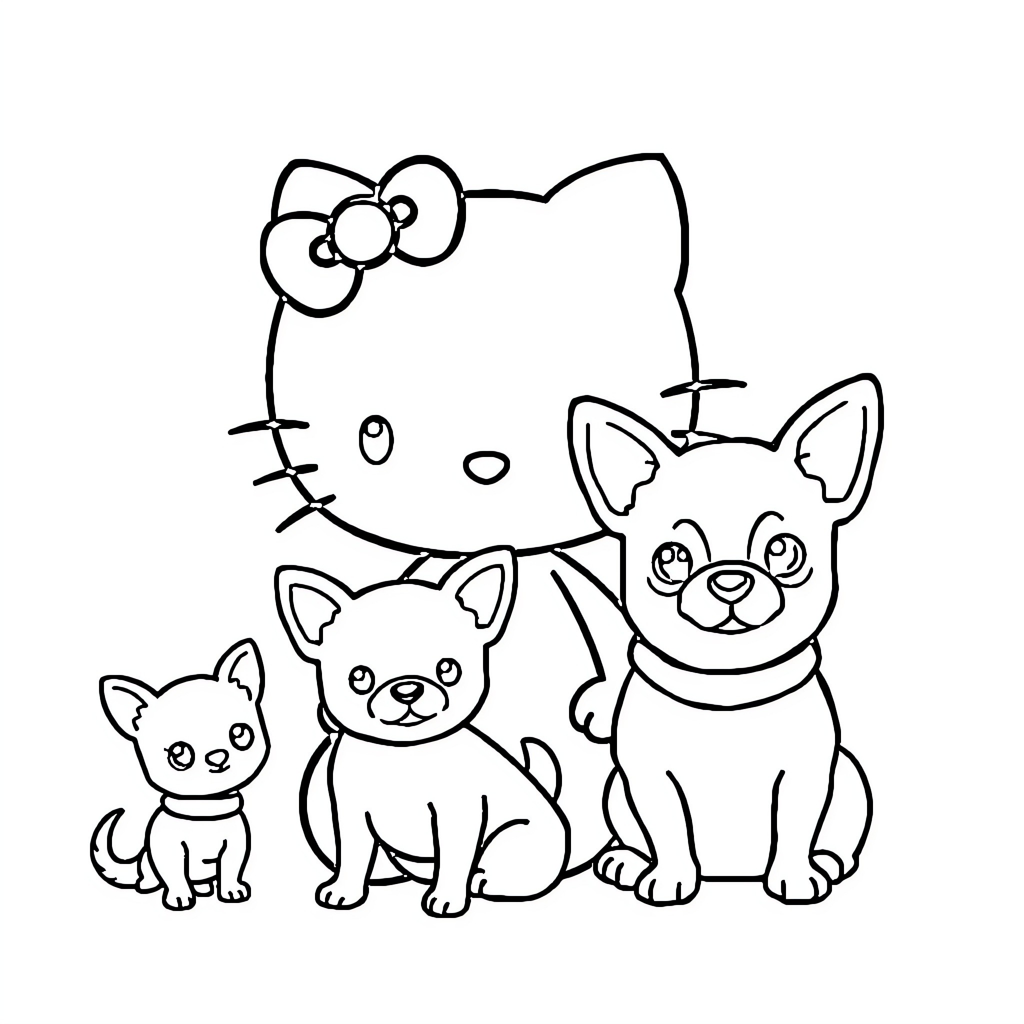 Hello Kitty and Puppies Playing Together Coloring Page (free black-and-white line drawing printable PDF for all, from beginners to advanced learners, including children, teens, adults, and seniors)