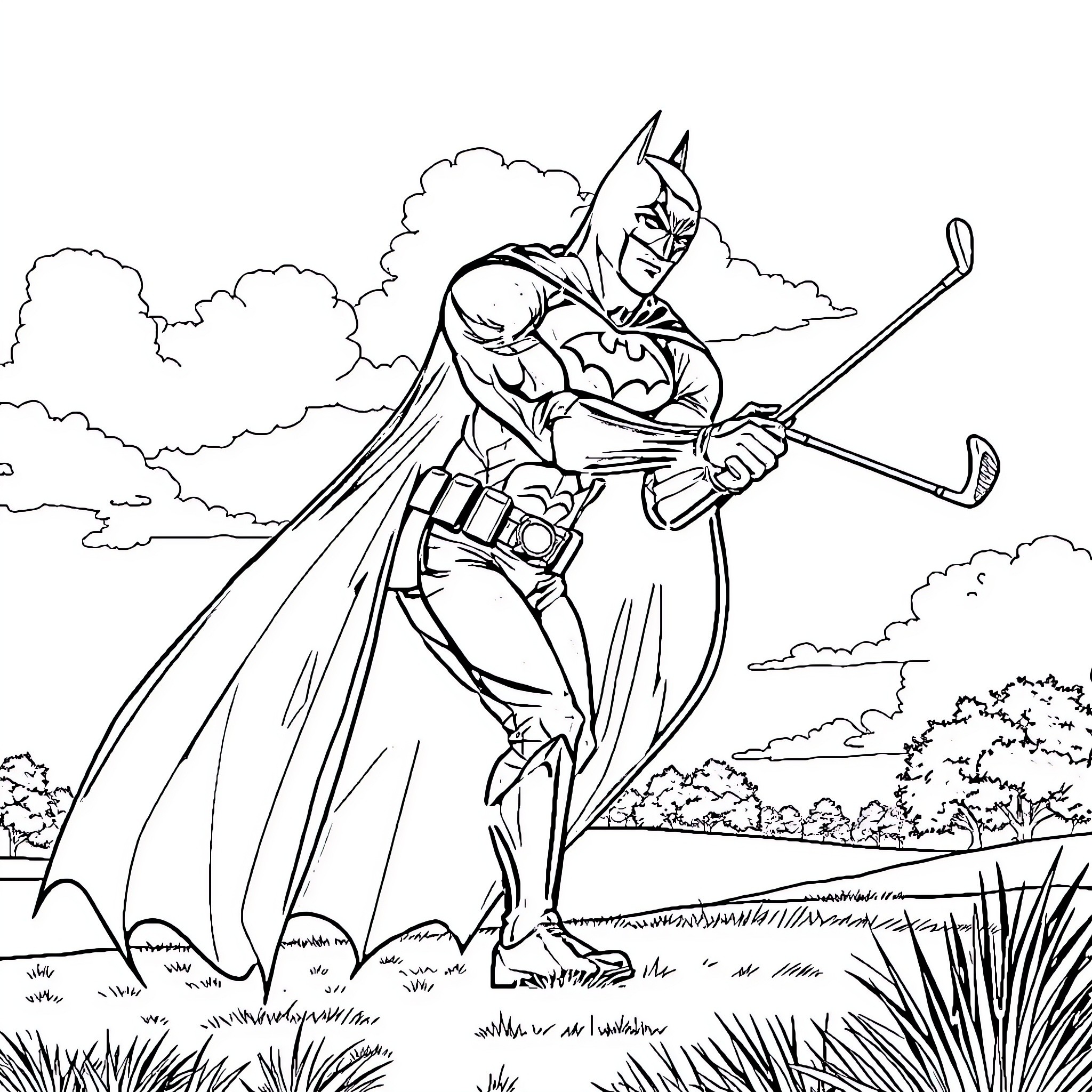 Batman in action pose with bat emblem on chest Coloring Page (free black-and-white line drawing printable PDF for all, from beginners to advanced learners, including children, teens, adults, and seniors)