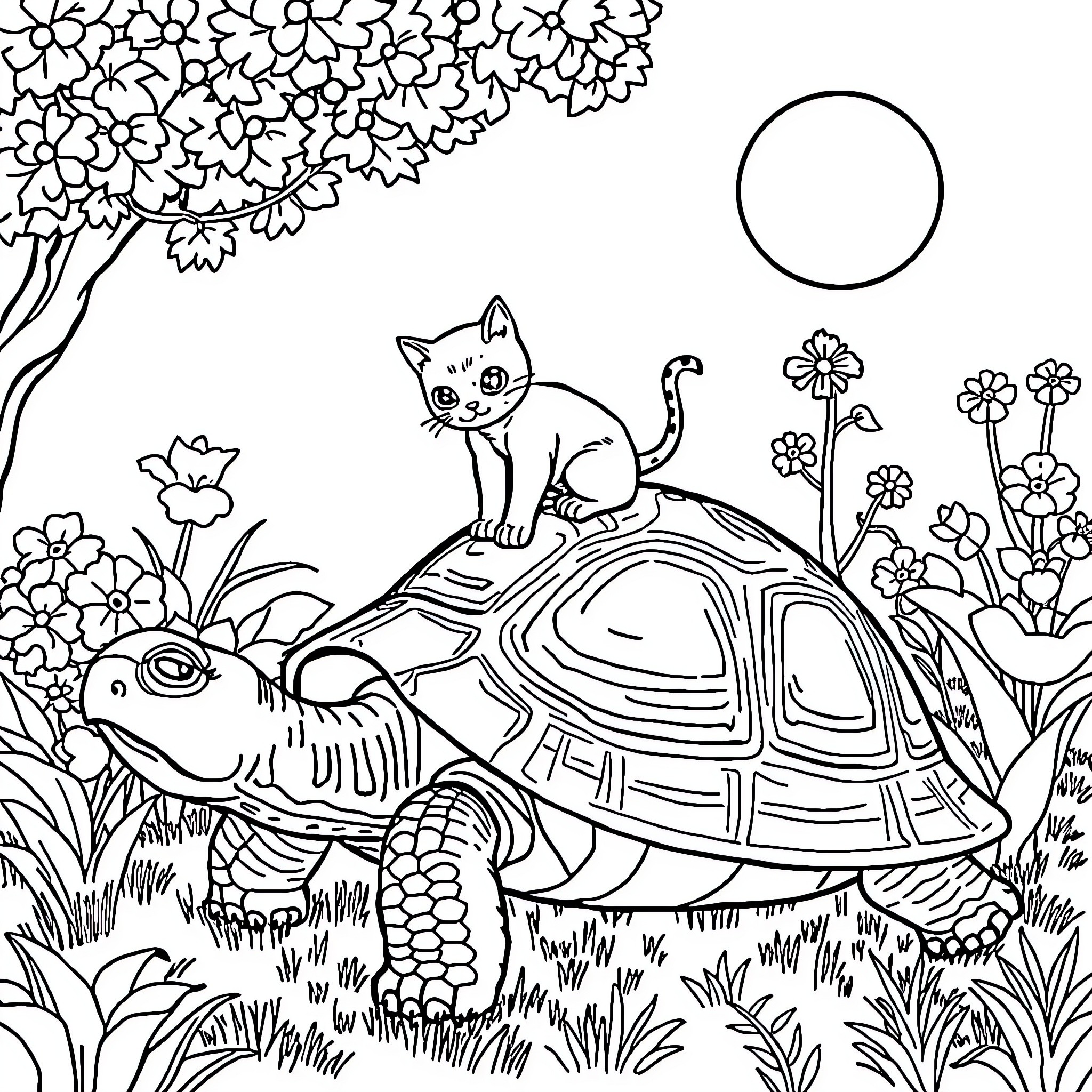 Cat riding on a turtle in a garden Coloring Page (free black-and-white line drawing printable PDF for all, from beginners to advanced learners, including children, teens, adults, and seniors)